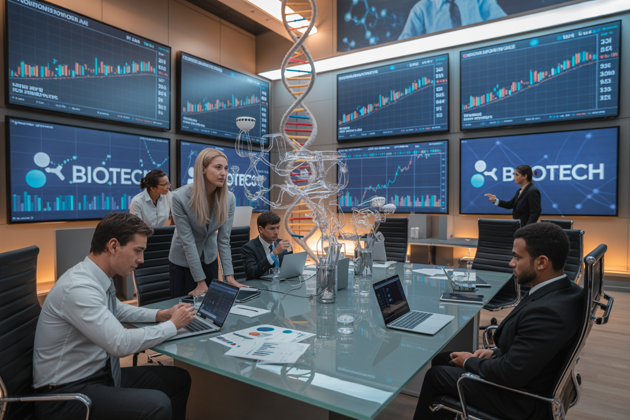 Create a realistic image of a modern financial trading floor with multiple large wall-mounted screens displaying upward trending stock charts and biotech company logos, sleek glass conference tables with laptops and financial documents scattered across them, several white and black male and female professionals in business suits analyzing data and having discussions, DNA helix models and molecular structure displays integrated into the high-tech environment, warm ambient lighting with blue accent lights from the digital displays, conveying an atmosphere of excitement and growth in the biotech investment sector. Absolutely NO text should be in the scene.