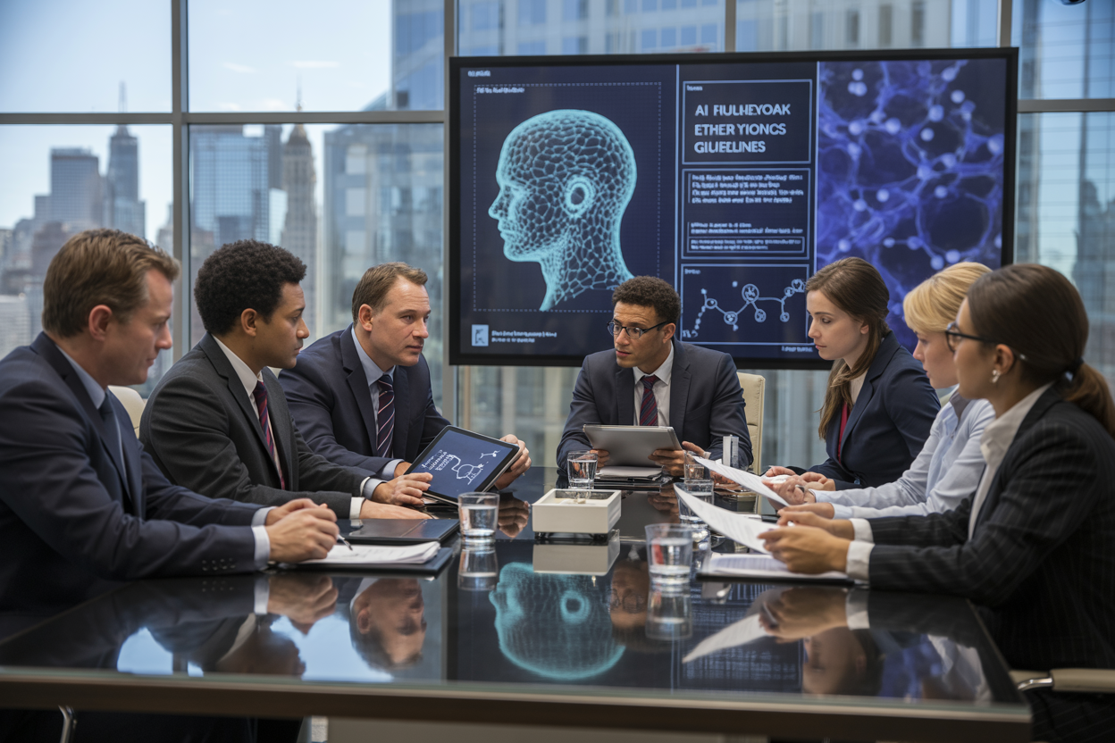 Create a realistic image of a modern corporate boardroom with diverse professionals including white and black males and females in business attire sitting around a polished conference table, reviewing documents and tablets displaying regulatory charts and ethical guidelines, with a large wall-mounted screen showing AI neural network diagrams and biotech molecular structures, warm professional lighting illuminating the serious discussion atmosphere, glass windows revealing a city skyline in the background, absolutely NO text should be in the scene.
