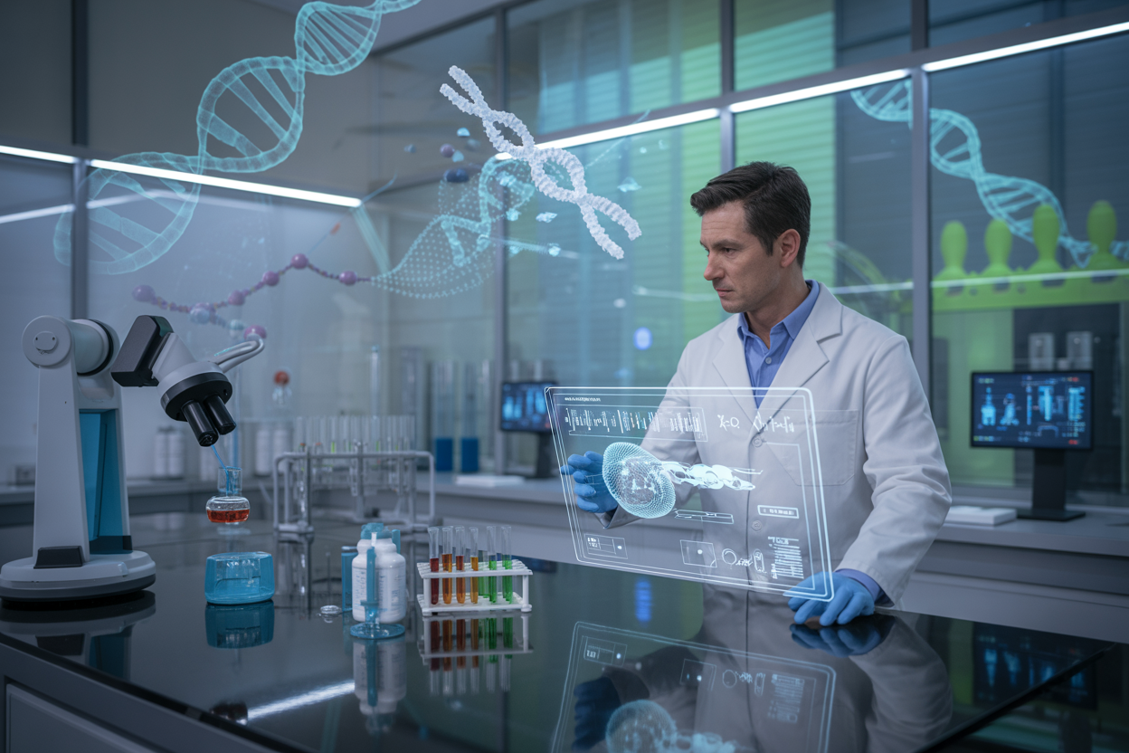 Create a realistic image of a futuristic biotech laboratory with sleek glass surfaces and modern equipment, featuring holographic DNA helixes and molecular structures floating in the air, advanced robotic arms handling test tubes and samples, digital screens displaying complex data visualizations and graphs, a white male scientist in a lab coat observing AI-powered analysis results on a transparent display, soft blue and green LED lighting creating an innovative atmosphere, with pharmaceutical manufacturing equipment visible in the background, conveying a sense of cutting-edge scientific breakthrough and technological advancement, absolutely NO text should be in the scene.