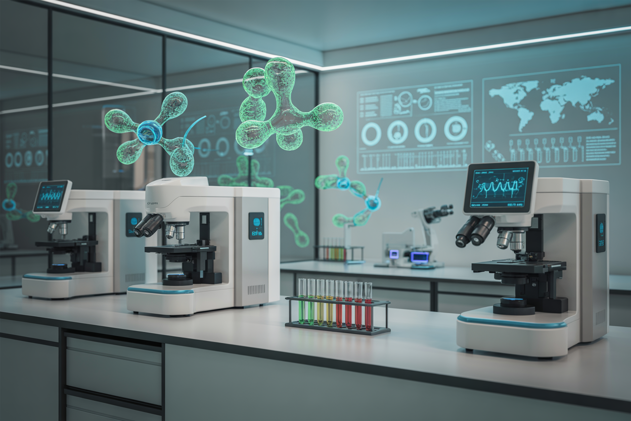 Create a realistic image of a modern biotechnology laboratory with AI-powered synthetic biology equipment, featuring DNA sequencing machines with glowing blue displays, robotic arms handling test tubes containing colorful synthetic organisms, holographic molecular structures floating above workstations, global health monitoring dashboards showing world maps with real-time health data points, sleek white laboratory benches with advanced microscopes and bioreactors, soft blue and green LED lighting creating a futuristic atmosphere, clean sterile environment with glass walls, and subtle particle effects suggesting microscopic biological processes, absolutely NO text should be in the scene.