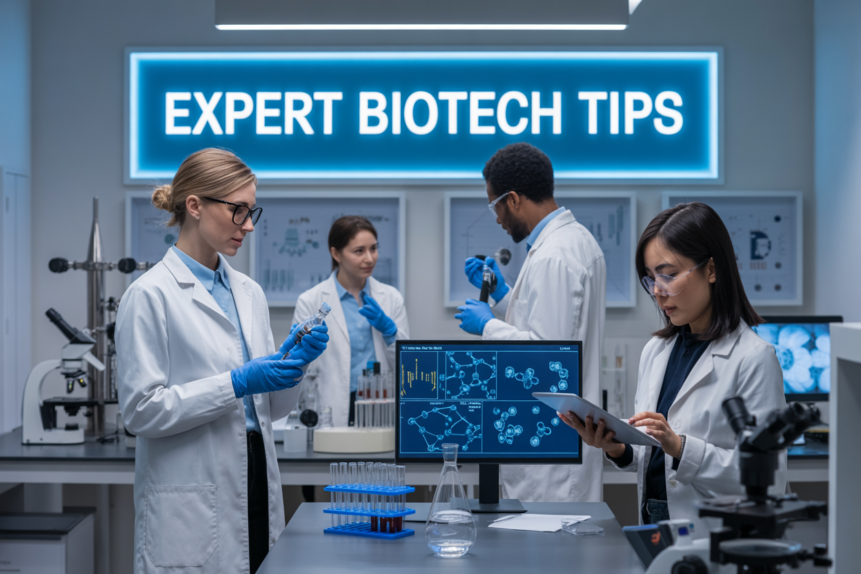Create a realistic image of a modern biotech laboratory with a diverse group of professionals including a white female scientist in a lab coat examining DNA sequences on a digital screen, a black male researcher working with molecular models, and an Asian female analyst reviewing investment charts on a tablet, with high-tech equipment like microscopes and bioreactors in the background, bright clean lighting, and the text "Expert Biotech Tips" prominently displayed on a sleek digital banner above the scene, conveying an atmosphere of innovation and professional expertise in biotechnology.
