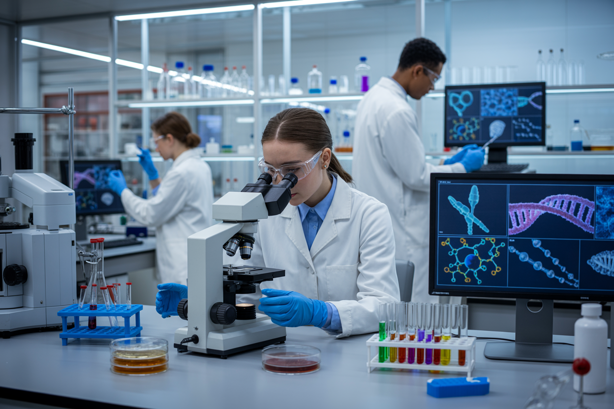 Create a realistic image of a modern biotechnology laboratory with scientific equipment including microscopes, DNA sequencing machines, petri dishes with cell cultures, test tubes with colorful solutions, and computer monitors displaying molecular structures and genetic data, featuring a diverse group of scientists including a white female researcher examining samples under a microscope and a black male scientist analyzing data on a computer screen, with bright LED lighting illuminating clean white lab benches and equipment, conveying an atmosphere of cutting-edge scientific discovery and innovation, absolutely NO text should be in the scene.