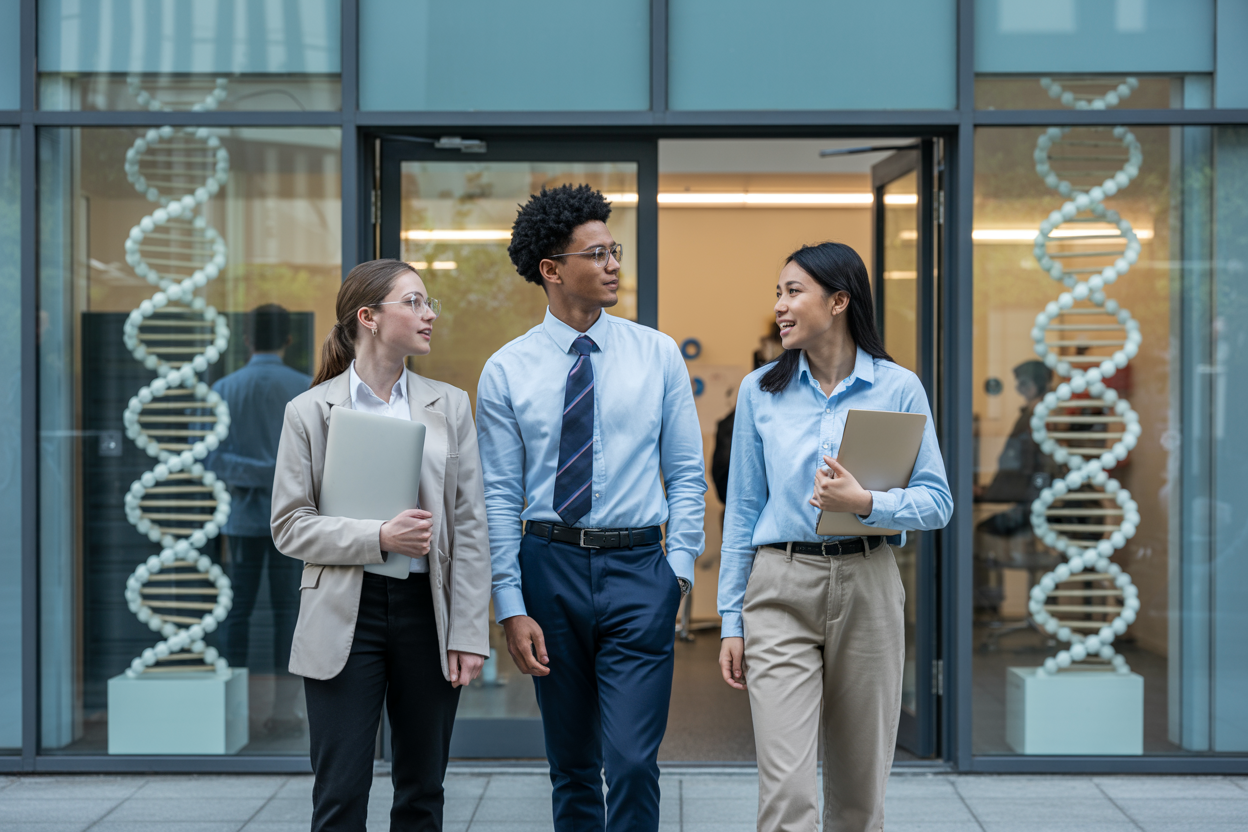 Create a realistic image of a diverse group of young professionals including a white female, black male, and Asian female wearing business casual attire standing at the entrance of a modern biotech laboratory building with glass facades, holding laptops and folders, with DNA helix models visible through the windows, bright natural lighting creating an inspiring and professional atmosphere, modern corporate architecture in the background, and laboratory equipment subtly visible inside the building, conveying ambition and career advancement in biotechnology, absolutely NO text should be in the scene.