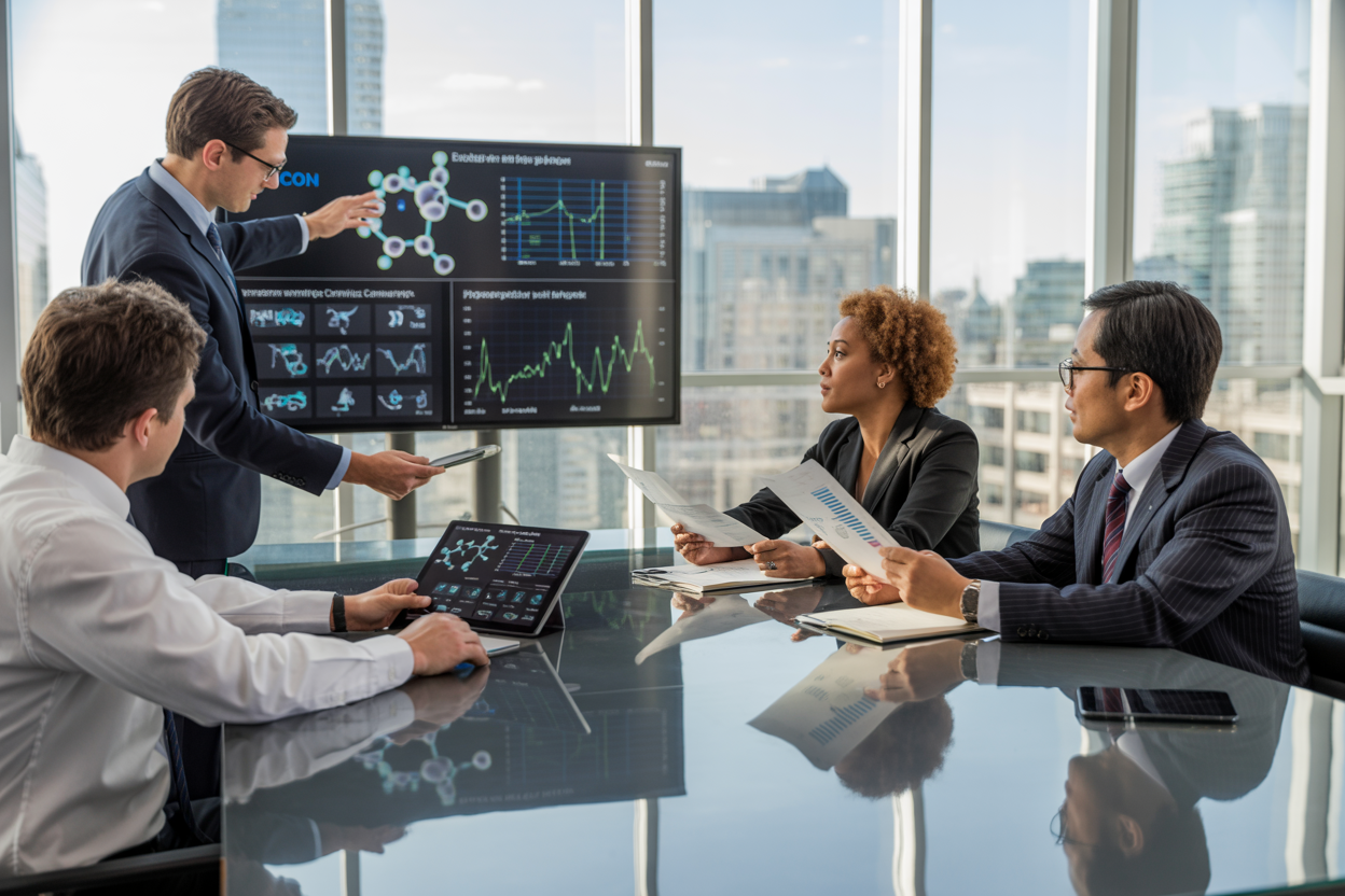 Create a realistic image of a modern conference room with a diverse group of professionals including a white male entrepreneur in a suit presenting biotech data on a large wall-mounted screen showing molecular structures and investment charts, while a black female venture capitalist and an Asian male investor sit at a sleek glass table reviewing financial documents and tablets displaying biotech company portfolios, with a bright contemporary office environment featuring floor-to-ceiling windows overlooking a city skyline, warm natural lighting creating a professional and dynamic atmosphere of business collaboration, and laboratory equipment subtly visible in the background suggesting the biotech industry focus, absolutely NO text should be in the scene.