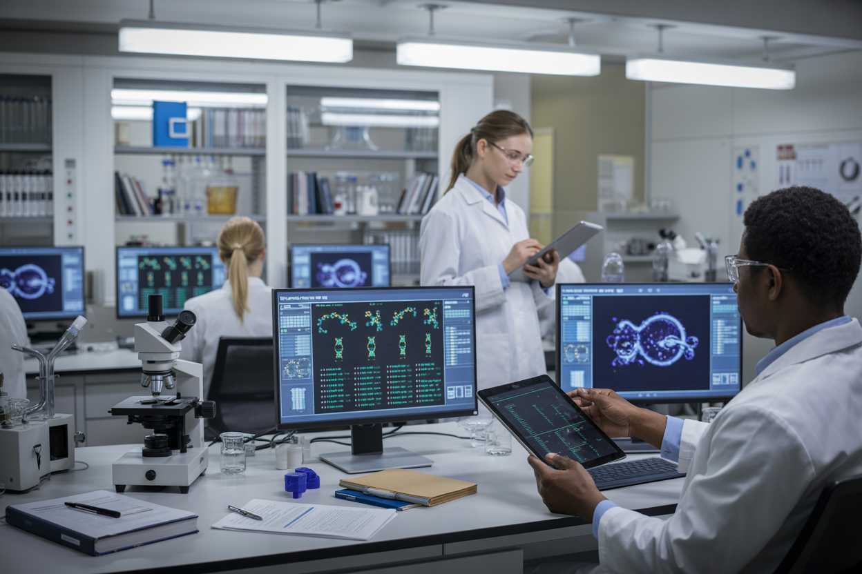 Create a realistic image of a modern biotechnology research laboratory with multiple computer workstations displaying scientific data visualizations, DNA sequences, and molecular structures on monitors, with laboratory equipment like microscopes and centrifuges in the background, scientific journals and research papers scattered on desks, a diverse group including a white female scientist and a black male researcher examining data on tablets and laptops, bright fluorescent lighting creating a professional academic atmosphere, conveying active learning and scientific discovery, absolutely NO text should be in the scene.