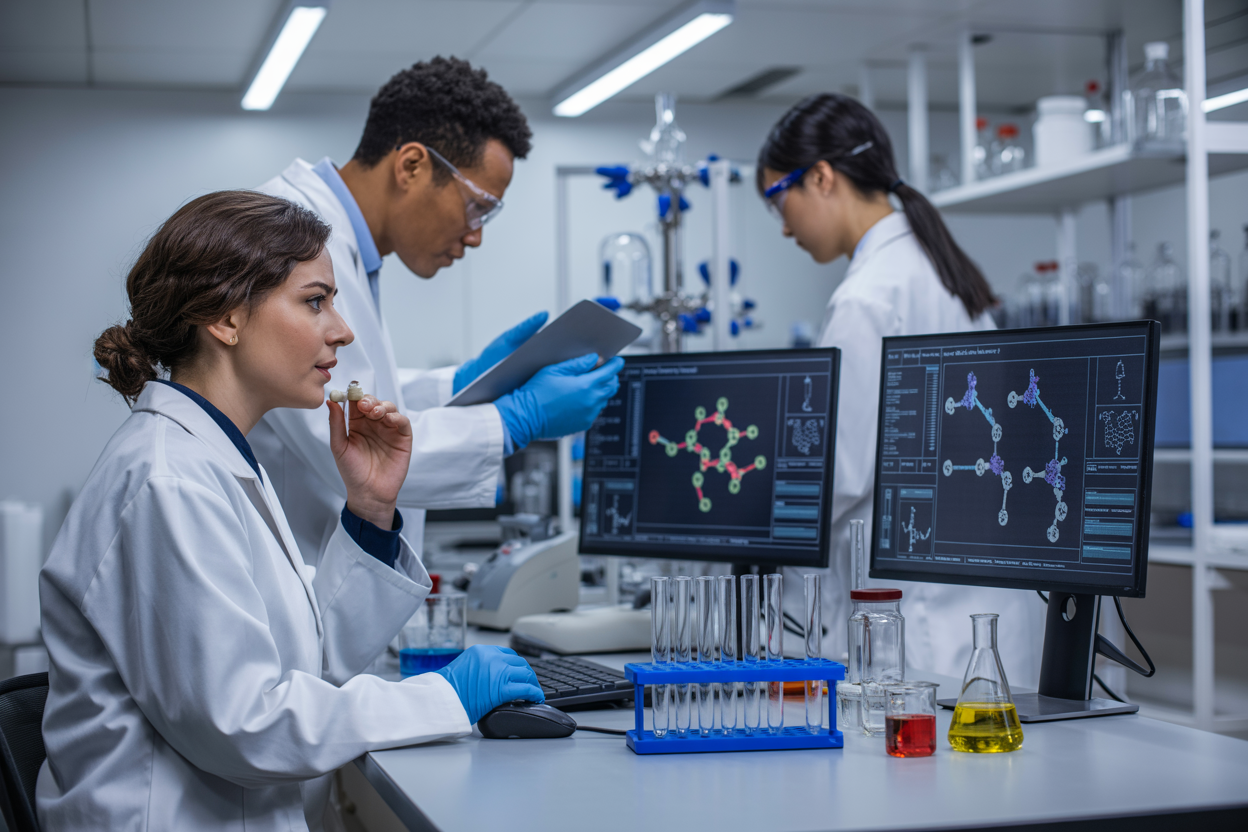 Create a realistic image of a diverse group of biotech professionals in a modern laboratory setting, including a white female scientist in a lab coat looking thoughtfully at a complex molecular structure display, a black male researcher analyzing data on multiple computer screens showing scientific graphs and charts, and an Asian female lab technician working with advanced biotechnology equipment, with the background featuring sleek laboratory benches, sophisticated scientific instruments, glass beakers and test tubes, bright LED lighting creating a clean professional atmosphere, conveying a sense of determination and problem-solving as they collaborate to overcome scientific challenges, absolutely NO text should be in the scene.