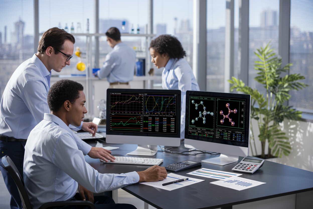 Create a realistic image of a modern financial office setting with a diverse group of professionals including a white male and black female analyzing biotech investment data on multiple computer screens displaying colorful graphs, stock charts, and molecular structure diagrams, with laboratory equipment subtly visible in the background, bright natural lighting streaming through large windows, calculator and financial documents scattered on a sleek desk, creating an atmosphere of focused concentration and success, with green plants adding life to the professional environment, Absolutely NO text should be in the scene.
