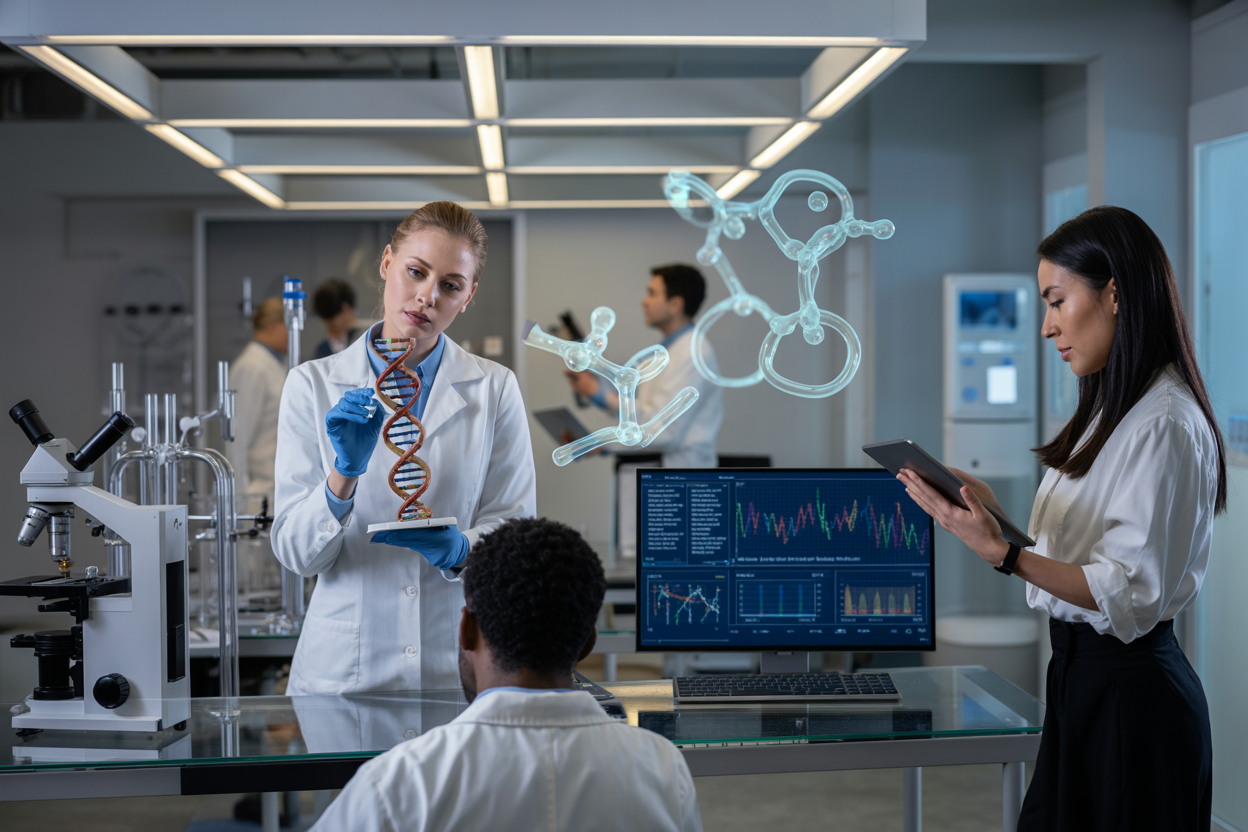 Create a realistic image of a modern biotechnology laboratory with sleek glass surfaces and stainless steel equipment, featuring a diverse group of professionals including a white female scientist in a lab coat examining a DNA double helix model, a black male researcher working at a computer displaying colorful genetic data visualizations, and an Asian female executive reviewing investment charts on a tablet, with futuristic biotech equipment like centrifuges and microscopes in the background, warm LED lighting creating an innovative and inspiring atmosphere, holographic molecular structures floating subtly in the air, representing the convergence of science, career development, and investment opportunities in the thriving biotechnology industry, absolutely NO text should be in the scene.