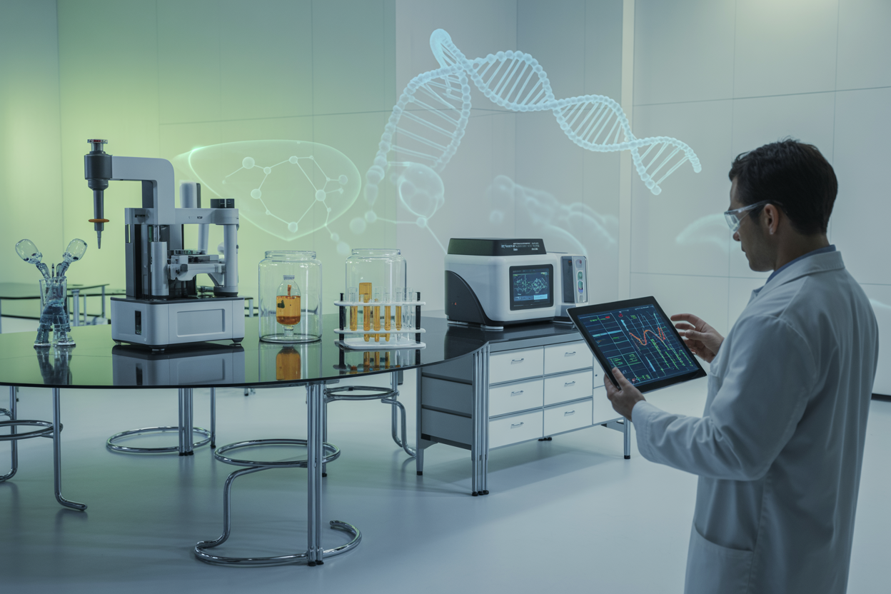 Create a realistic image of a modern biotech laboratory with futuristic elements, featuring advanced DNA sequencing machines, holographic molecular structures floating in the air, robotic laboratory equipment, sleek glass containers with glowing samples, digital displays showing genetic data visualizations, a white male scientist in a lab coat examining a tablet with genetic information, chrome and glass laboratory furniture, soft blue and green LED lighting creating a high-tech atmosphere, clean minimalist background with white walls and polished floors, conveying innovation and cutting-edge biotechnology advancement, absolutely NO text should be in the scene.