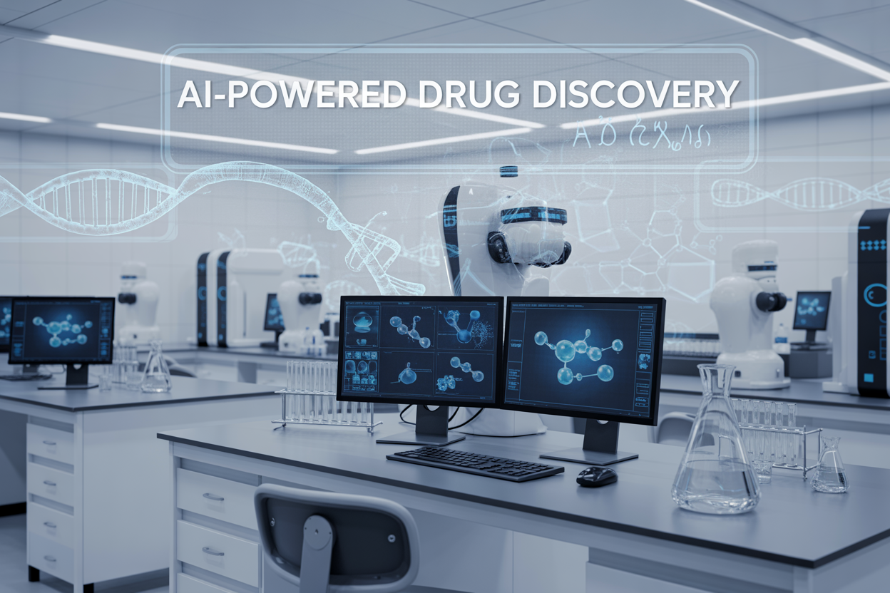 Create a realistic image of a modern pharmaceutical research laboratory with futuristic AI technology integration, featuring sleek computer workstations displaying molecular structures and drug compound visualizations on multiple monitors, robotic laboratory equipment and automated systems in the background, holographic DNA helixes and chemical formulas floating above the workstations, a clean white and blue color scheme with ambient LED lighting, glass beakers and scientific instruments on laboratory benches, and the text "AI-Powered Drug Discovery" prominently displayed as a digital overlay in the upper portion of the image.