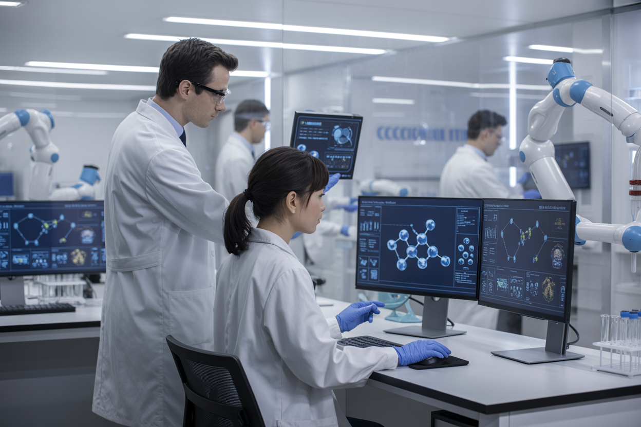 Create a realistic image of a modern scientific laboratory with advanced AI workstations displaying complex molecular structures and data visualizations on multiple screens, white male and Asian female researchers in lab coats collaborating while analyzing computational models, robotic laboratory equipment and automated systems in the background, bright LED lighting creating a clean high-tech atmosphere, futuristic digital interfaces showing drug compound analysis, sleek white and blue color scheme with glass surfaces and metallic equipment, absolutely NO text should be in the scene.