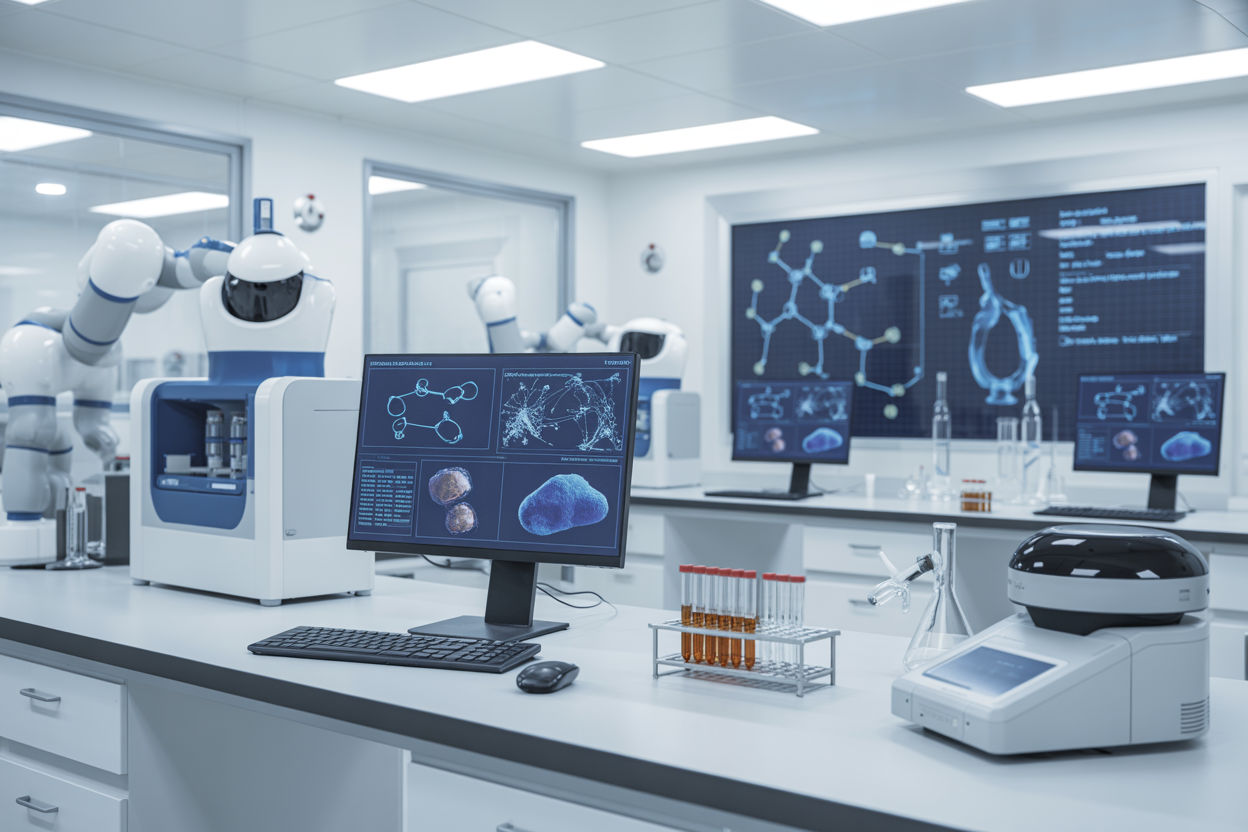 Create a realistic image of a modern pharmaceutical research laboratory with advanced AI technology systems, featuring computer workstations displaying complex molecular structures and data visualizations, robotic laboratory equipment conducting automated experiments, test tubes and scientific instruments arranged on clean white countertops, large monitors showing drug compound analysis and research data, a bright clinical lighting environment with a sterile white and blue color scheme, conveying an atmosphere of cutting-edge scientific innovation and technological advancement. Absolutely NO text should be in the scene.