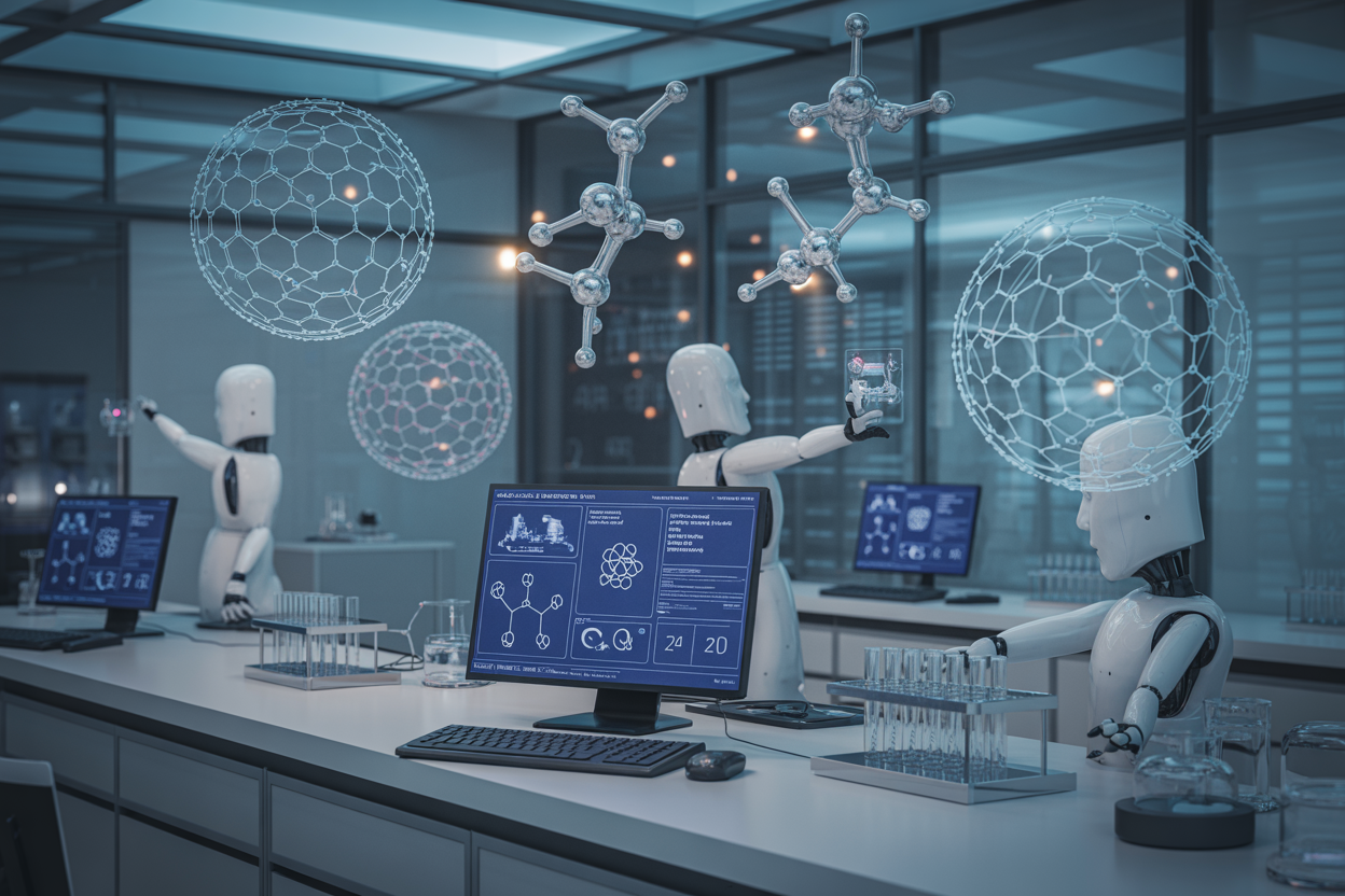 Create a realistic image of a futuristic digital laboratory environment showing multiple interconnected AI agent systems working on drug discovery, featuring holographic molecular structures floating in mid-air, computer screens displaying chemical compounds and data analytics, robotic arms handling laboratory equipment, interconnected network nodes with glowing connections representing multi-agent communication, sleek modern laboratory setting with glass surfaces and blue-tinted lighting, high-tech atmosphere with soft ambient glow, absolutely NO text should be in the scene.