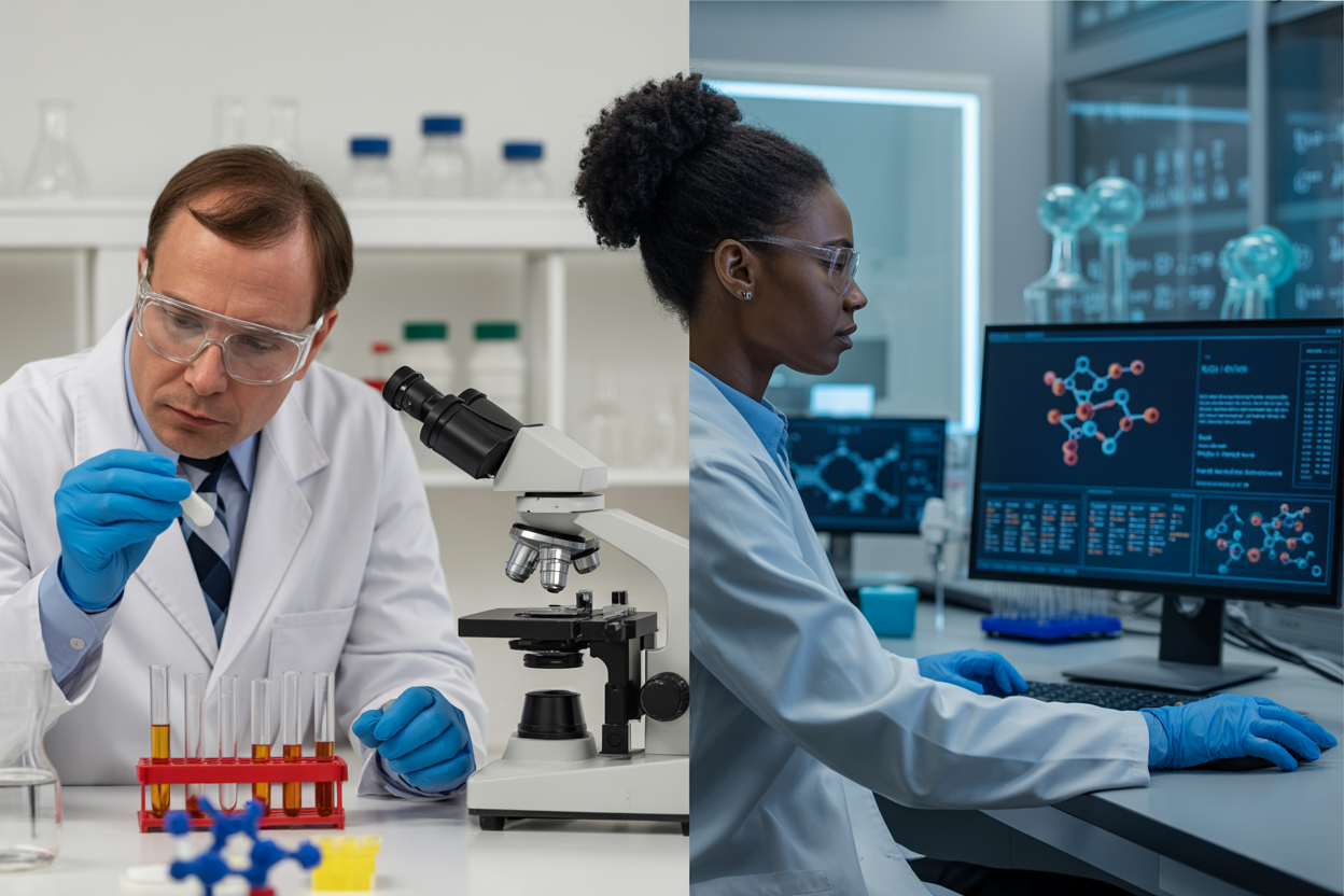 Create a realistic image of a split-screen comparison showing traditional drug discovery on the left with a white male scientist in lab coat examining test tubes and molecular models in a conventional laboratory setting, and AI-powered drug discovery on the right featuring a black female researcher working with advanced computer screens displaying 3D molecular structures and data visualizations in a modern high-tech laboratory, bright clinical lighting throughout both sides, clean professional atmosphere with microscopes and scientific equipment visible, absolutely NO text should be in the scene.