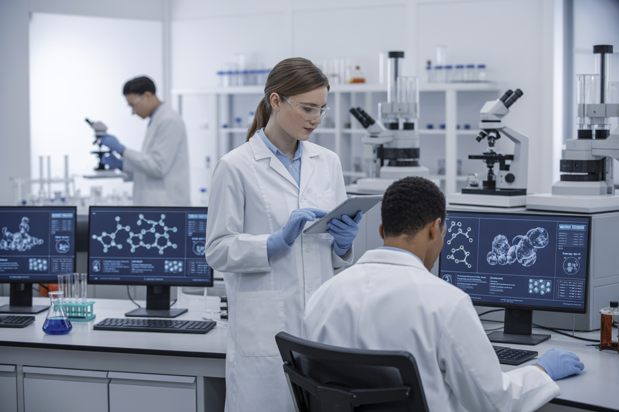 Create a realistic image of a modern pharmaceutical laboratory with advanced AI computer workstations displaying complex molecular structures and drug discovery analytics on multiple monitors, featuring a diverse team of scientists including a white female researcher in a lab coat analyzing data on a tablet and a black male scientist working at a high-tech computer terminal, with automated robotic equipment and microscopes in the background, bright clean lighting illuminating the sterile white laboratory environment, conveying efficiency and technological advancement in drug development processes, absolutely NO text should be in the scene.