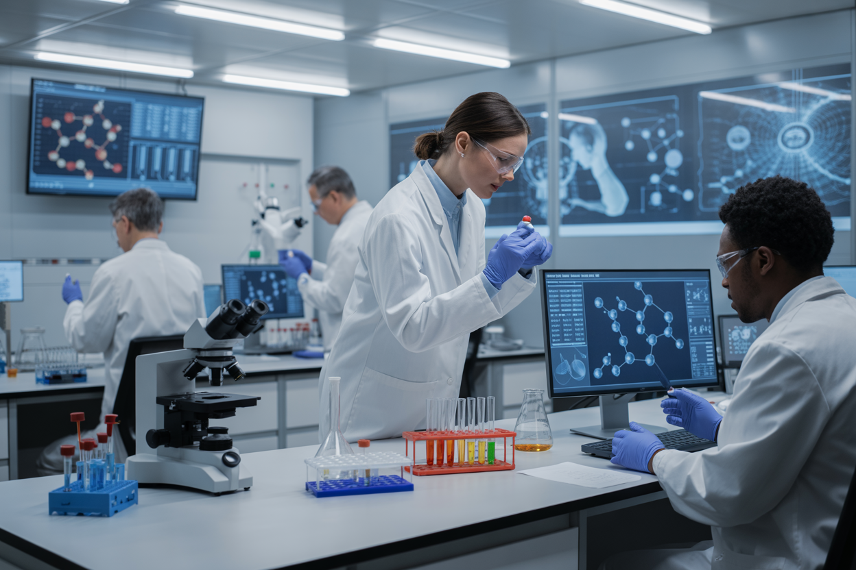 Create a realistic image of a modern pharmaceutical research laboratory with multiple workstations showing scientists of diverse backgrounds conducting drug discovery research, featuring a white female researcher analyzing molecular structures on a computer screen, a black male scientist examining test tubes with colorful compounds, laboratory equipment including microscopes and centrifuges, digital displays showing molecular models and data visualizations, clean white lab benches with organized chemical samples, bright fluorescent lighting creating a professional atmosphere, and futuristic AI-powered analysis equipment in the background, absolutely NO text should be in the scene.