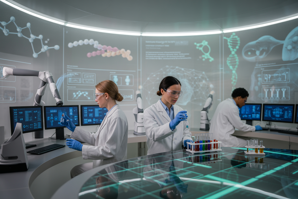 Create a realistic image of a futuristic laboratory setting with holographic displays showing molecular structures and DNA helixes floating in mid-air, advanced AI workstations with sleek monitors displaying complex data visualizations and drug compound models, robotic arms manipulating test tubes and pharmaceutical samples, a diverse team including a white female scientist and a black male researcher working collaboratively at high-tech computer terminals, modern glass surfaces reflecting blue and green digital light, clean minimalist architecture with curved walls and ambient LED lighting, conveying innovation and cutting-edge technology in pharmaceutical research, absolutely NO text should be in the scene.