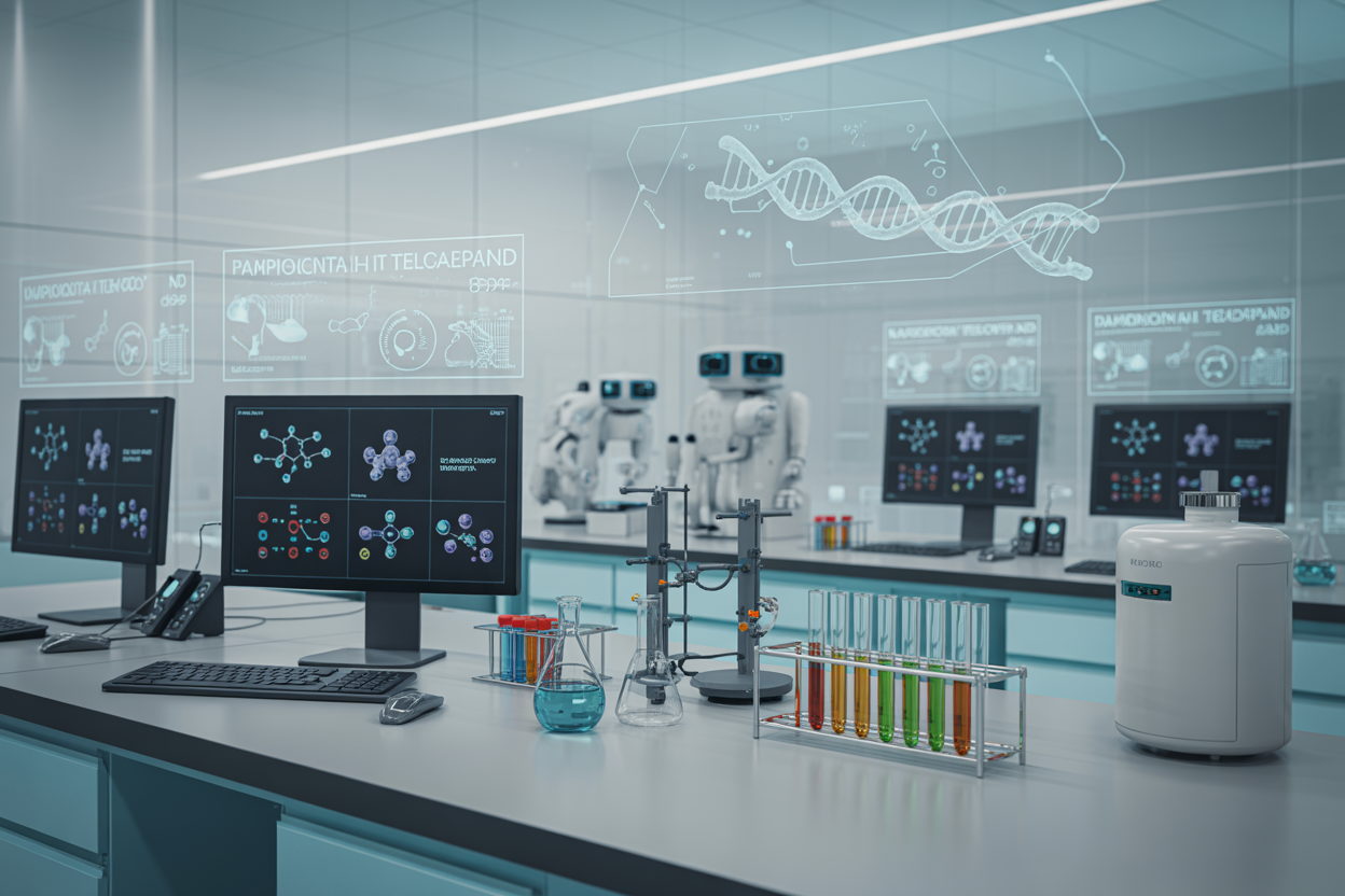 Create a realistic image of a modern pharmaceutical laboratory with advanced AI technology integration, featuring sleek computer workstations displaying molecular structures and drug compound visualizations on multiple monitors, robotic laboratory equipment and automated sample analyzers in the background, glass vials and test tubes containing colorful chemical solutions arranged on pristine white lab benches, holographic displays showing DNA helixes and protein structures floating above the workspace, soft blue and white LED lighting creating a futuristic atmosphere, clean minimalist design with glass partitions and stainless steel surfaces, representing the convergence of artificial intelligence and drug discovery research, absolutely NO text should be in the scene.