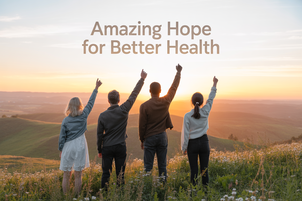 Create a realistic image of a diverse group of people including a white female, black male, and Asian female standing together on a hilltop at sunrise, looking toward a bright golden horizon with their arms raised in a gesture of triumph and optimism, surrounded by blooming wildflowers and green meadows, with soft warm lighting casting a hopeful glow across the scene, and the text "Amazing Hope for Better Health" elegantly displayed in the sky above them in golden letters.