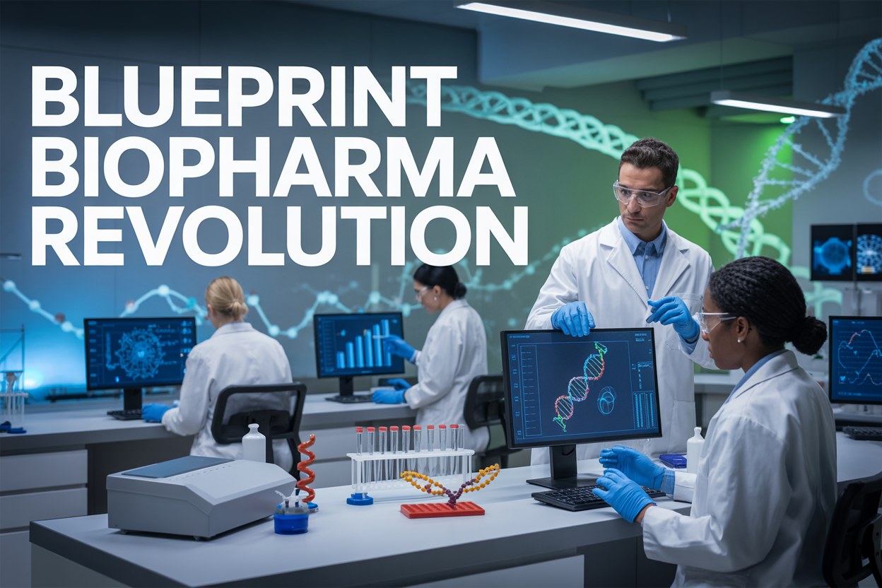 Create a realistic image of a modern biotech laboratory with sleek white surfaces and advanced scientific equipment, featuring a diverse team of researchers including a white male scientist in a lab coat examining DNA sequences on a large digital screen and a black female researcher working with molecular models, with futuristic blue and green lighting creating an innovative atmosphere, alongside visual elements like DNA helixes, molecular structures, and upward trending charts displayed on monitors, with the text "Blueprint Biopharma Revolution" prominently featured across the top of the image in bold, modern typography.