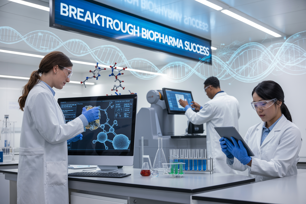 Create a realistic image of a modern pharmaceutical laboratory with gleaming white surfaces and advanced scientific equipment, featuring a diverse team of three scientists - one white female researcher in a lab coat examining molecular structures on a large digital screen, one black male scientist working with robotic drug discovery equipment, and one Asian female scientist analyzing data on a tablet, with DNA helixes and pharmaceutical molecules floating as holographic projections in the background, bright clean lighting illuminating the high-tech workspace, conveying innovation and breakthrough discoveries, with the text "Breakthrough Biopharma Success" prominently displayed on a sleek digital banner above the scene.