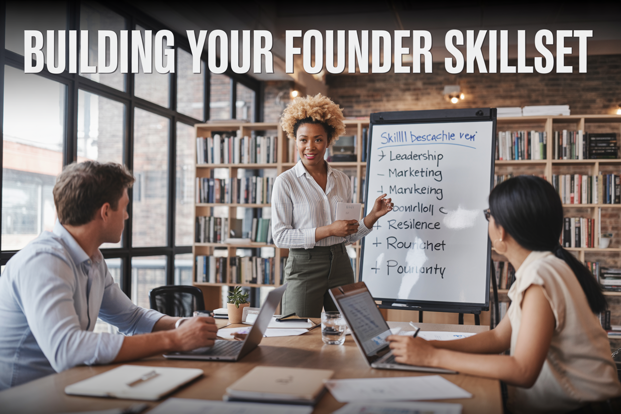 Create a realistic image of a diverse group of entrepreneurs in a modern co-working space, featuring a black female founder in the center presenting at a whiteboard with skill development concepts like "Leadership," "Marketing," and "Resilience" written on it, surrounded by a white male and an Asian female taking notes on laptops, with warm natural lighting from large windows, bookshelves filled with business books in the background, and the text "Building Your Founder Skillset" prominently displayed at the top of the image in bold, professional font.