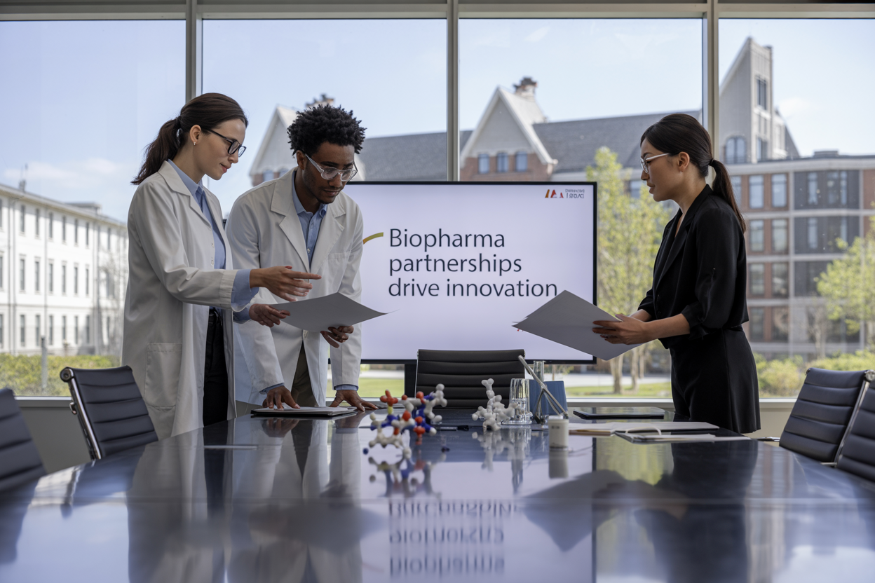 Create a realistic image of a modern conference room with three diverse professionals - a white female scientist in a lab coat, a black male researcher, and an Asian female executive - standing around a sleek conference table reviewing documents and molecular structure models, with a large window showing a university campus and laboratory buildings in the background, bright natural lighting, collaborative atmosphere, with the text "Biopharma Partnerships Drive Innovation" elegantly displayed on a presentation screen visible in the scene.