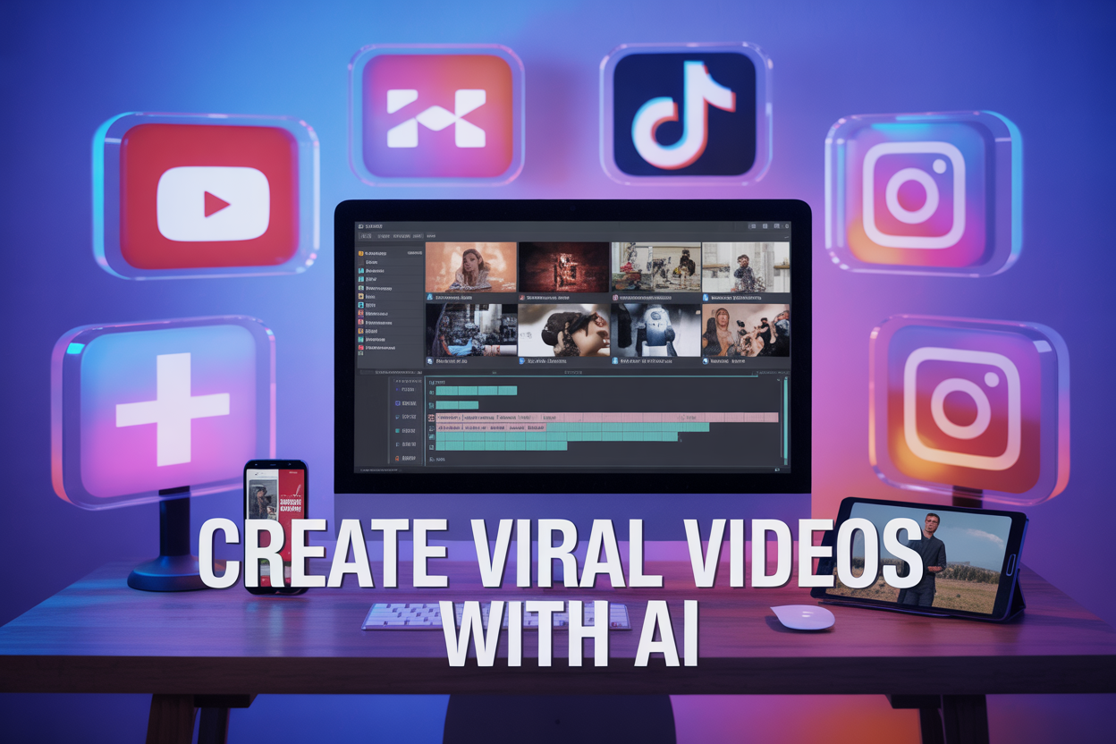 Create a realistic image of a modern workspace showing a computer screen displaying a sleek video editing interface with AI-generated video thumbnails, surrounded by floating holographic icons representing different social media platforms (YouTube, TikTok, Instagram), with a smartphone and tablet on the desk showing various video content styles, soft blue and purple ambient lighting creating a tech-forward atmosphere, and bold text overlay reading "CREATE VIRAL VIDEOS WITH AI" in modern sans-serif font.