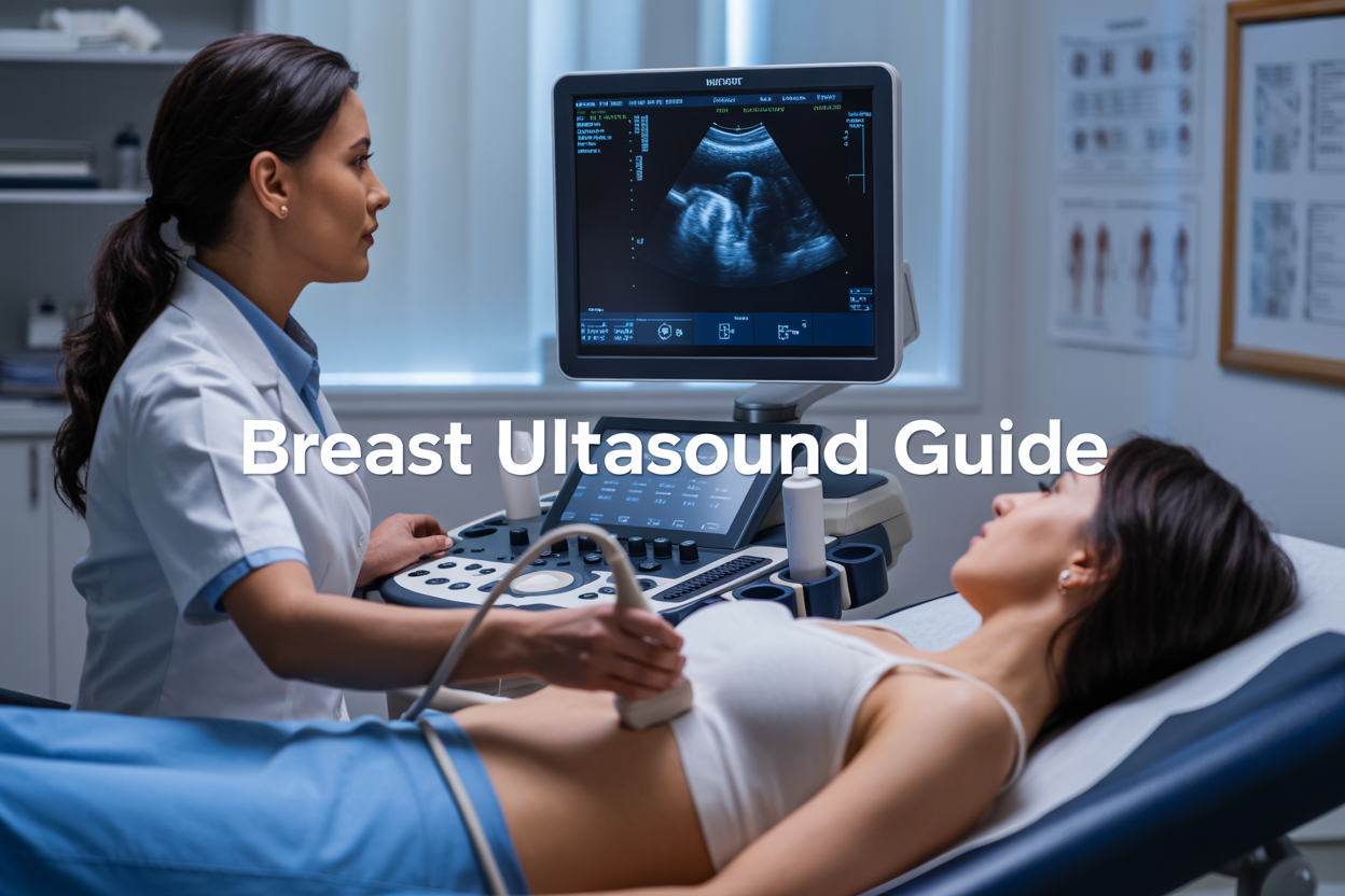 Create a realistic image of a modern medical examination room with an ultrasound machine displaying breast tissue scan results on its monitor screen, featuring a white female patient lying on an examination table while a female healthcare professional in white coat operates the ultrasound equipment, with the ultrasound transducer being gently applied to the patient's chest area, soft medical lighting illuminating the clean clinical environment with medical charts and equipment visible in the background, and the text "BREAST ULTRASOUND GUIDE" prominently displayed as an overlay on the image.