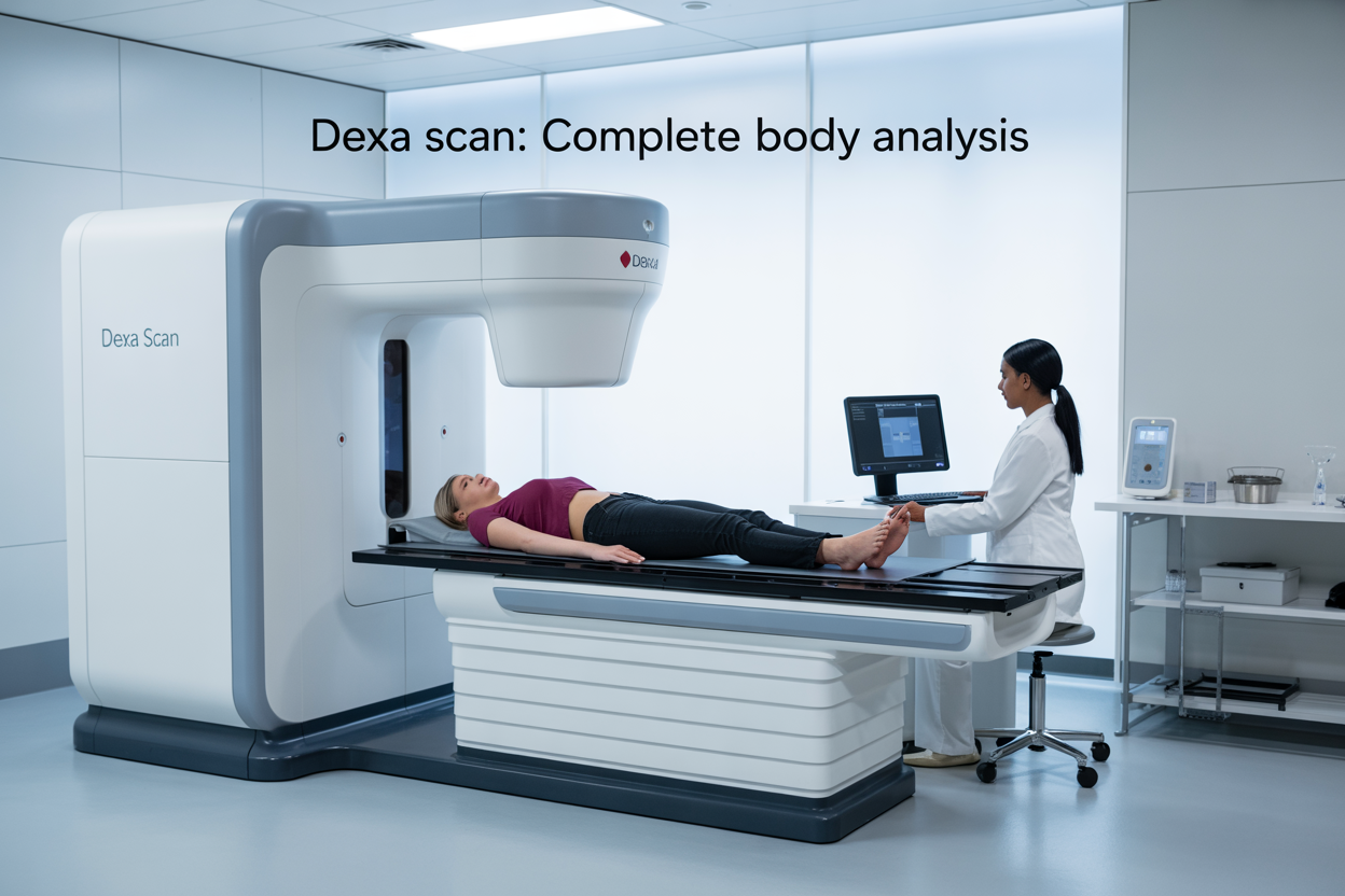 Create a realistic image of a modern medical facility with a white DEXA scan machine as the central focus, showing a white female patient lying on the scanning table while a black female technician operates the computer workstation, with clean white walls and medical equipment in the background, soft clinical lighting, and the text "DEXA Scan: Complete Body Analysis" prominently displayed in the upper portion of the image.