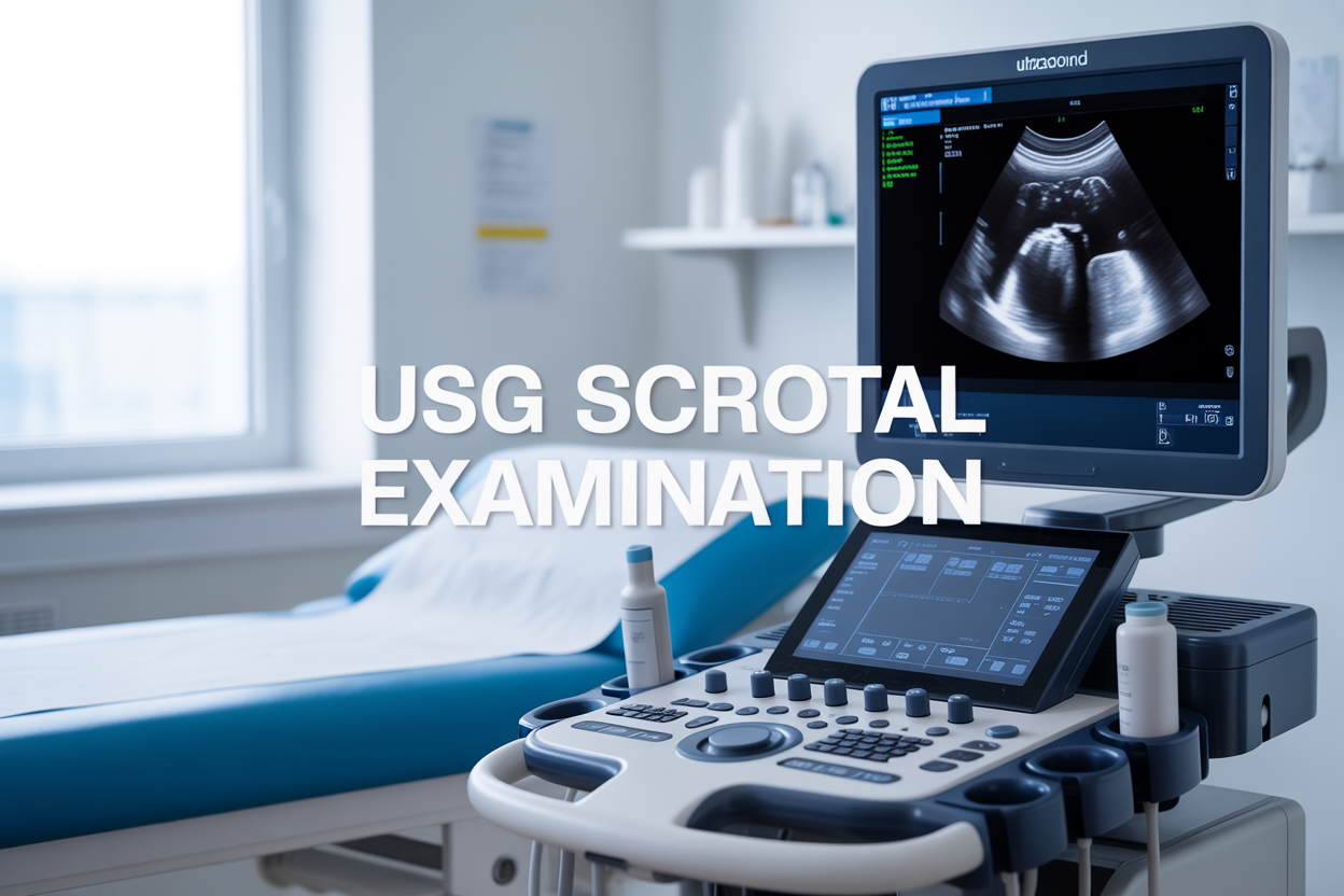 Create a realistic image of a modern medical ultrasound machine with its transducer probe positioned near a medical examination table in a clean, well-lit clinical setting, featuring a ultrasound monitor displaying a clear grayscale scrotal ultrasound scan image, with soft natural lighting from a window creating a professional healthcare atmosphere, and the text "USG Scrotal Examination" prominently displayed in clean, medical-style font overlay on the image.