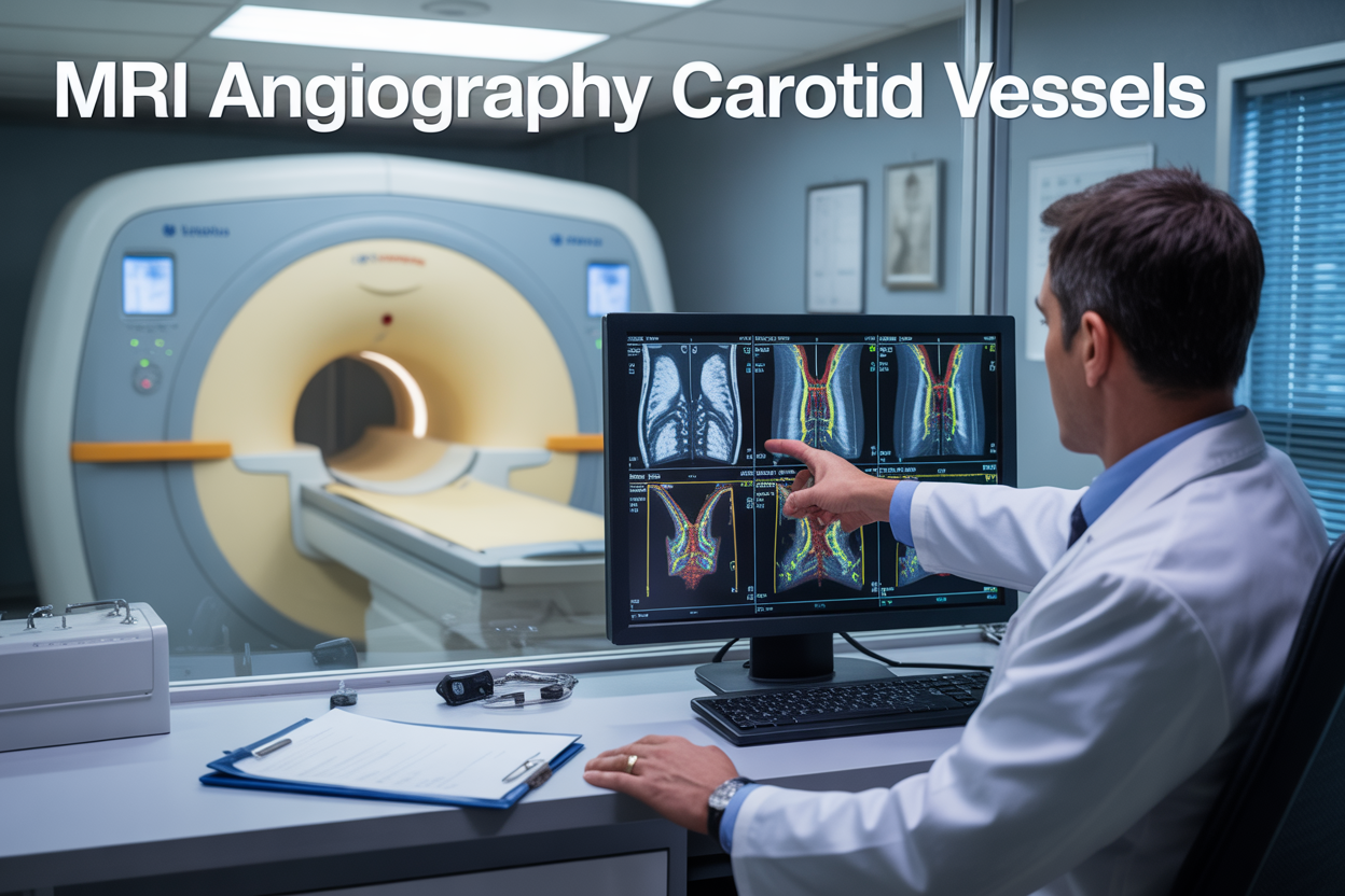 Create a realistic image of a modern medical facility showing an MRI machine in the background with a large monitor displaying colorful carotid artery scans with contrast enhancement, featuring a white male radiologist in a white coat pointing at the detailed vessel images on the screen, with medical charts and diagnostic equipment visible on a clean desk, professional hospital lighting, and the text "MRI Angiography Carotid Vessels" prominently displayed at the top of the image.