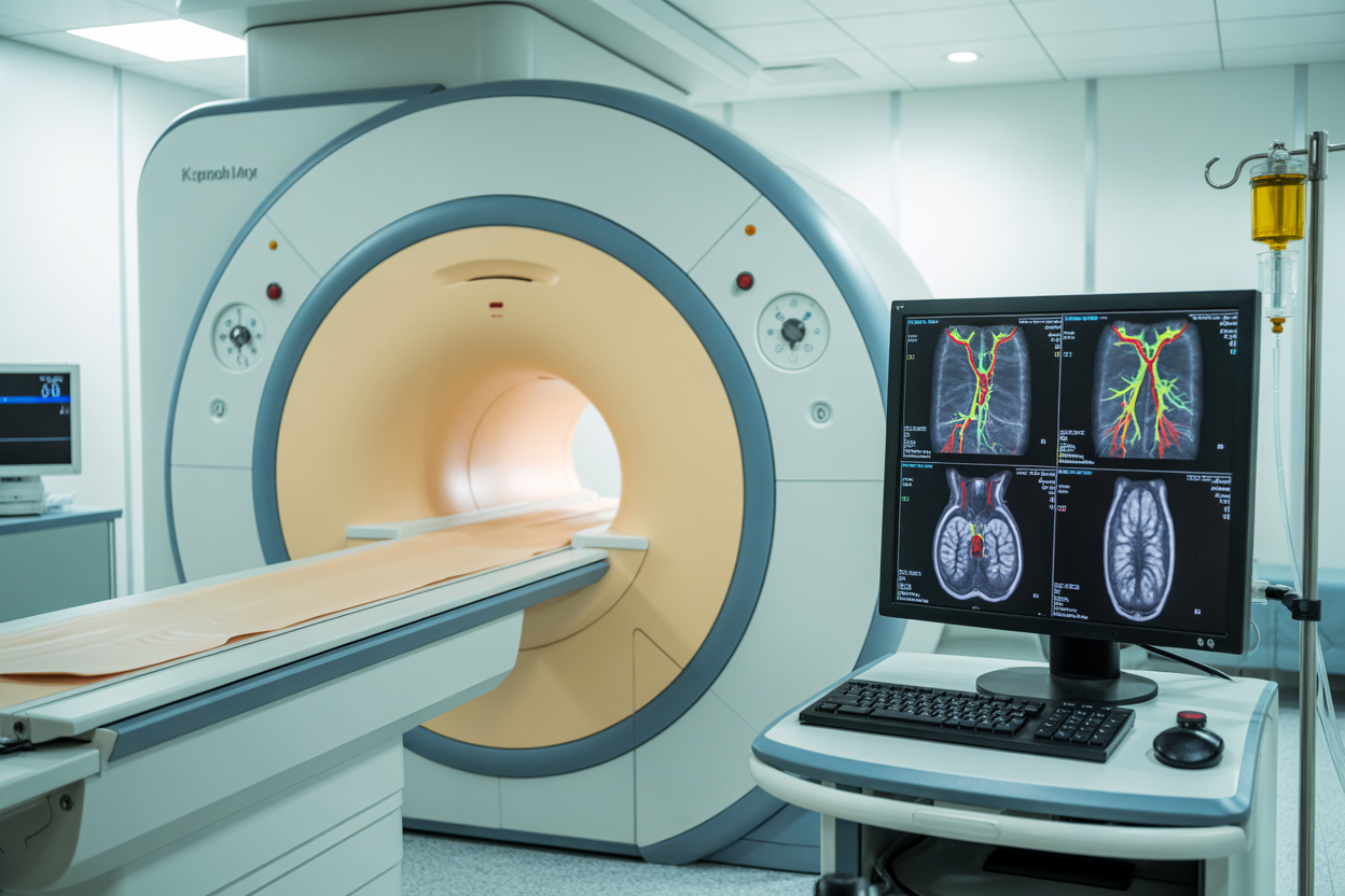 Create a realistic image of a modern MRI machine in a clean medical facility with its large circular opening prominently displayed, showing detailed view of the sophisticated imaging technology and control panels, with a computer monitor displaying colorful 3D rendered images of carotid blood vessels and arteries in the neck region, medical equipment and contrast injection systems visible in the background, professional hospital lighting creating a sterile clinical atmosphere, Absolutely NO text should be in the scene.