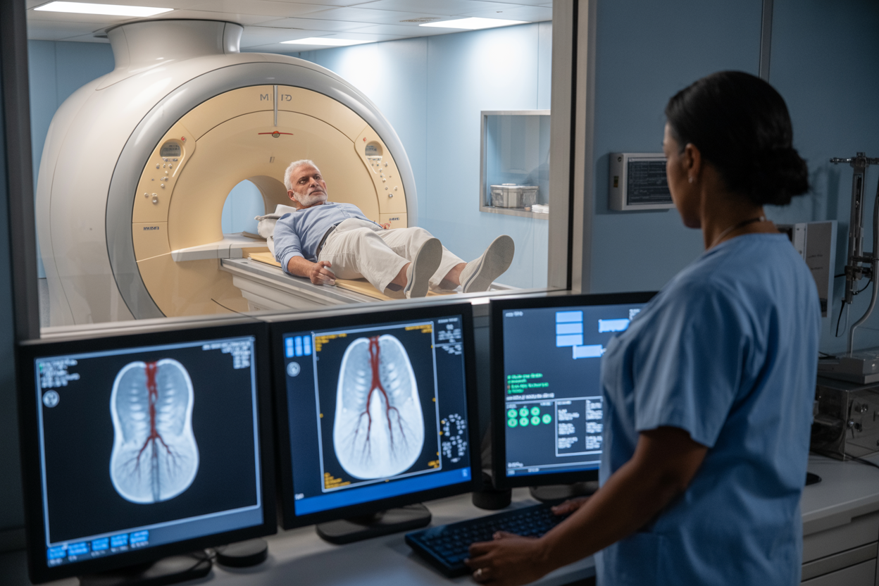 Create a realistic image of a modern medical facility showing a state-of-the-art MRI machine in a clean, well-lit examination room with a middle-aged white male patient lying on the MRI table while a black female radiologist in medical scrubs operates the equipment from a control room visible through a glass window, with detailed anatomical diagrams of carotid blood vessels displayed on multiple high-resolution computer monitors showing clear, enhanced vascular imaging results, professional medical equipment and tools visible in the background, bright clinical lighting creating a sterile and professional atmosphere that emphasizes advanced medical technology and patient care. Absolutely NO text should be in the scene.