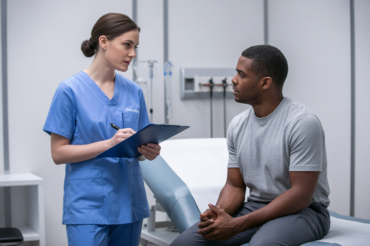 Create a realistic image of a white female healthcare professional in scrubs consulting with a middle-aged black male patient in a modern medical consultation room, with the patient seated on an examination table while the healthcare worker holds a medical clipboard and explains pre-procedure instructions, featuring clean white walls, medical equipment subtly visible in the background, soft clinical lighting, and a calm professional atmosphere. Absolutely NO text should be in the scene.