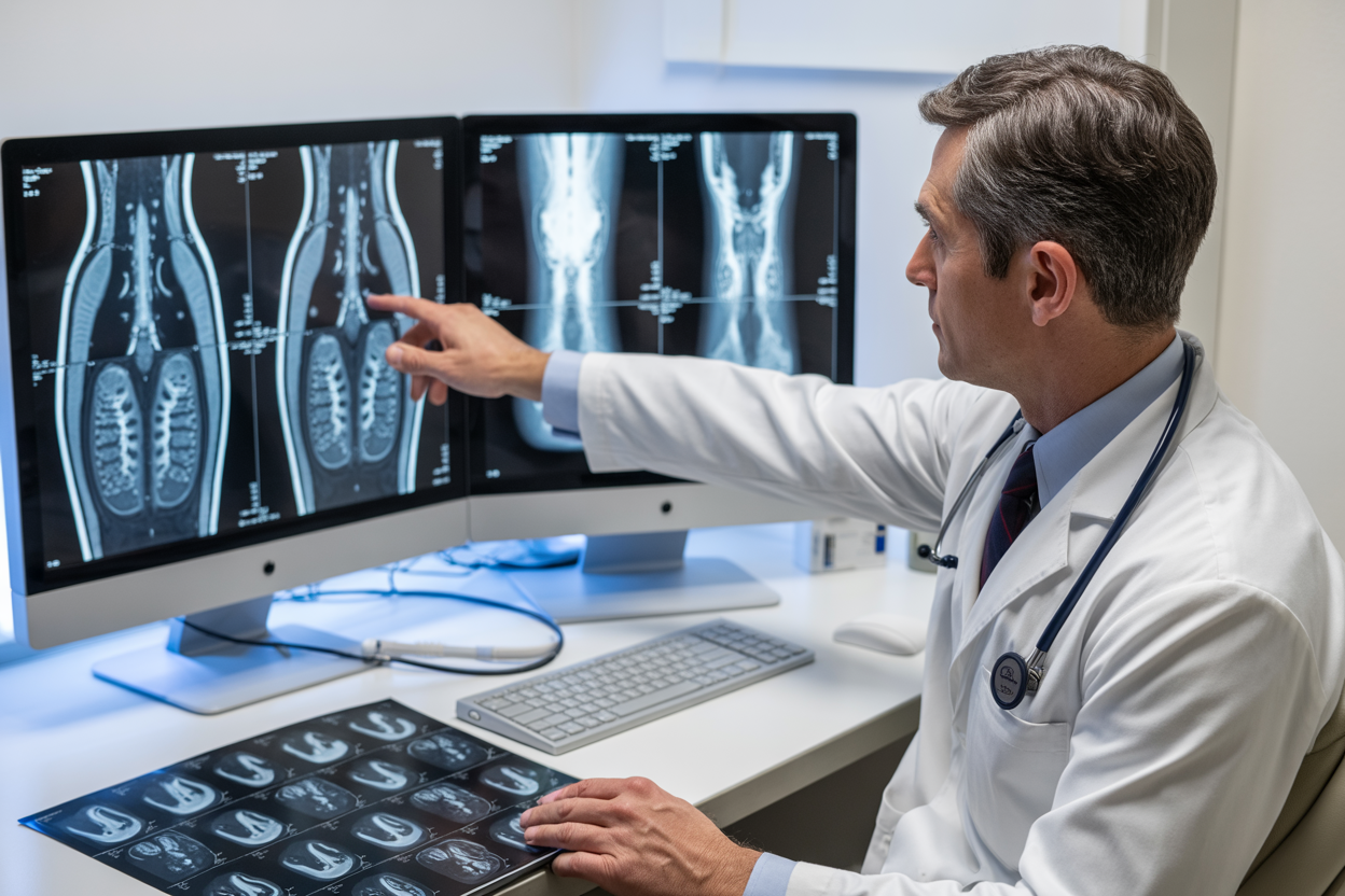 Create a realistic image of a white male radiologist in a white coat sitting at a modern medical workstation with dual monitors displaying detailed MRI angiography scans of carotid blood vessels, the doctor pointing at specific areas on the bright computer screens showing intricate vascular structures, medical office setting with clean white walls and professional lighting, focused and analytical atmosphere, additional MRI printouts spread on the desk, stethoscope around the doctor's neck, absolutely NO text should be in the scene.