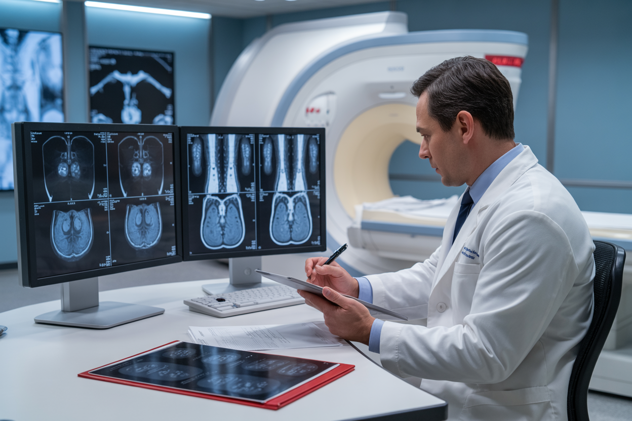 Create a realistic image of a white male doctor in a white coat sitting at a modern medical workstation with multiple high-resolution monitors displaying MRI angiography scans of carotid blood vessels, the physician is analyzing detailed vascular images and making notes on a tablet while medical charts and anatomical references are spread on the desk, the scene is set in a contemporary radiology department with professional medical lighting, clean white and blue color scheme, and advanced medical imaging equipment visible in the background, the atmosphere conveys focused medical analysis and treatment planning, absolutely NO text should be in the scene.