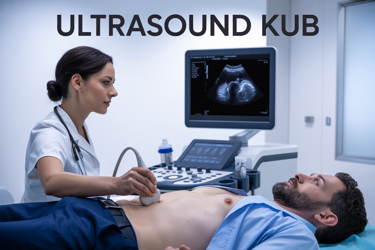 Create a realistic image of a modern medical examination room with a white female doctor in scrubs performing an ultrasound procedure on a male patient lying on an examination table, showing the ultrasound machine's screen displaying kidney and bladder images, with the ultrasound probe being applied to the patient's lower abdomen area, soft clinical lighting, clean white and blue medical environment, with the text "ULTRASOUND KUB" prominently displayed at the top of the image in bold medical-style font.