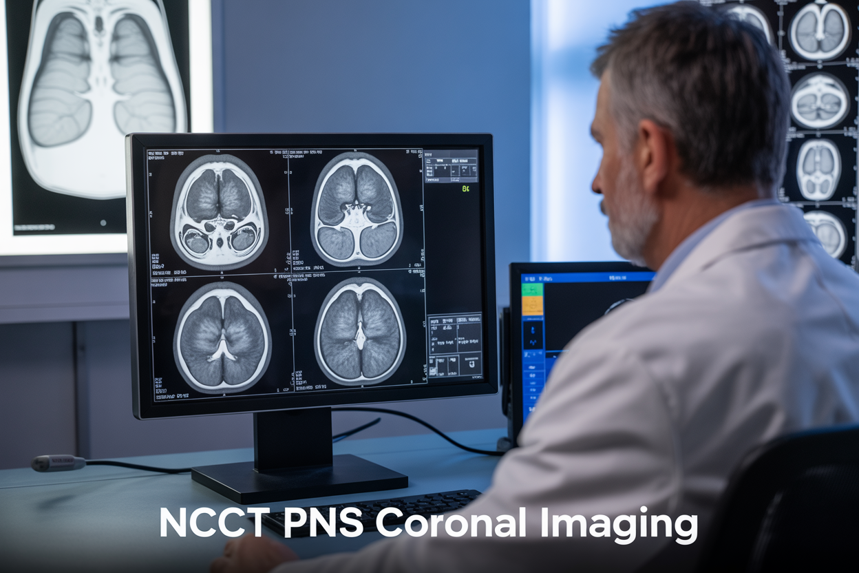 Create a realistic image of a medical professional workstation showing a high-resolution NCCT PNS coronal scan displayed on a modern radiology monitor, featuring detailed cross-sectional views of paranasal sinuses in coronal plane, with a white male radiologist in a white coat analyzing the scan in the background, clinical lighting in a modern radiology reading room, additional anatomical reference charts visible on the wall, and the text "NCCT PNS Coronal Imaging" prominently displayed at the bottom of the image.