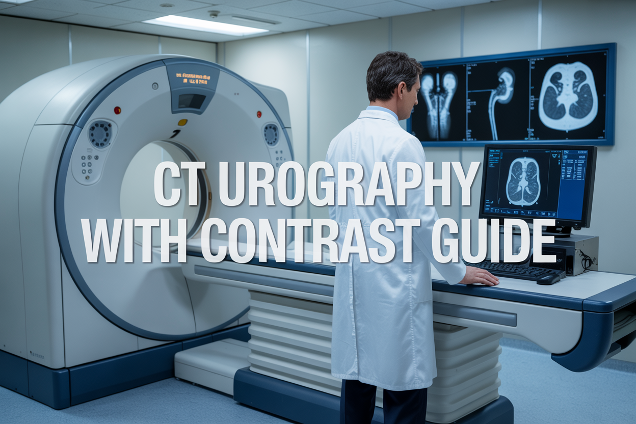 Create a realistic image of a modern medical CT scanner machine in a clean, well-lit hospital radiology room with a white male radiologist in a white coat standing beside the equipment reviewing results on a computer monitor, include medical imaging displays showing kidney and urinary tract scans on wall-mounted screens, sterile medical environment with blue and white color scheme, professional healthcare lighting, and overlay text reading "CT Urography With Contrast Guide" in bold, clean font.