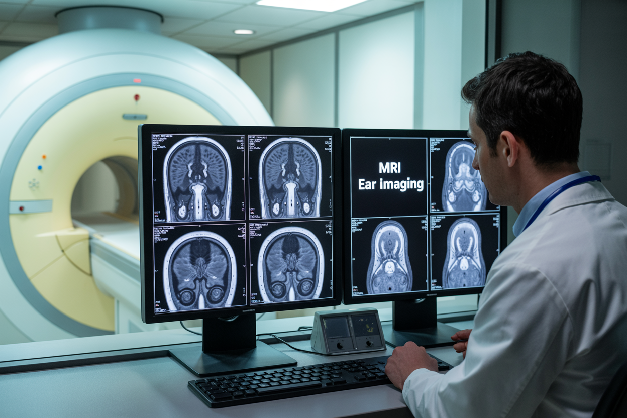 Create a realistic image of a modern medical MRI scanner room with a white male radiologist in a white coat examining detailed MRI scan images of the ear displayed on multiple high-resolution monitors, showing cross-sectional views of the internal auditory canal, labyrinth, and middle ear structures, with the MRI machine visible in the background, professional medical lighting illuminating the clean clinical environment, and the text "MRI EAR IMAGING" prominently displayed on one of the monitor screens.