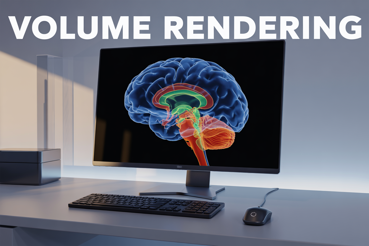 Create a realistic image of a modern computer workstation displaying a 3D volume rendering of a human brain on a high-resolution monitor, with colorful translucent layers showing internal structures in blues, greens, and oranges, a sleek black keyboard and mouse on a clean white desk, soft ambient lighting from the left side, and the text "Volume Rendering" overlaid in bold white letters at the top of the screen.