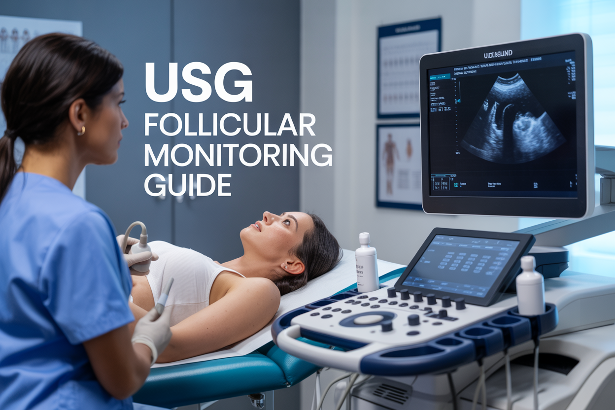 Create a realistic image of a modern medical ultrasound room with a white female doctor in scrubs performing an ultrasound examination on a white female patient lying on an examination table, featuring a high-tech ultrasound machine with a clear monitor displaying follicle measurements, medical charts and fertility tracking documents on a nearby desk, soft clinical lighting, professional medical equipment in the background, and the text "USG Follicular Monitoring Guide" prominently displayed in clean, modern typography.