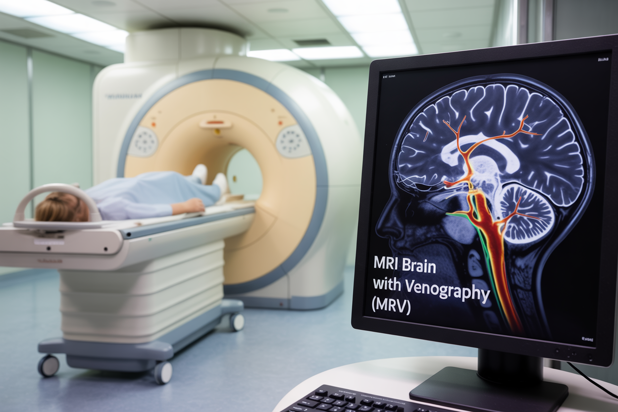 Create a realistic image of a modern MRI machine in a clean, well-lit medical facility with a patient bed positioned in front of the circular scanner opening, accompanied by a detailed 3D visualization of brain blood vessels and veins displayed on a nearby computer monitor, featuring blue and red colored vascular structures against a dark background, with soft clinical lighting creating a professional healthcare atmosphere, and the text "MRI Brain With Venography (MRV)" prominently displayed in clean, medical-style typography.