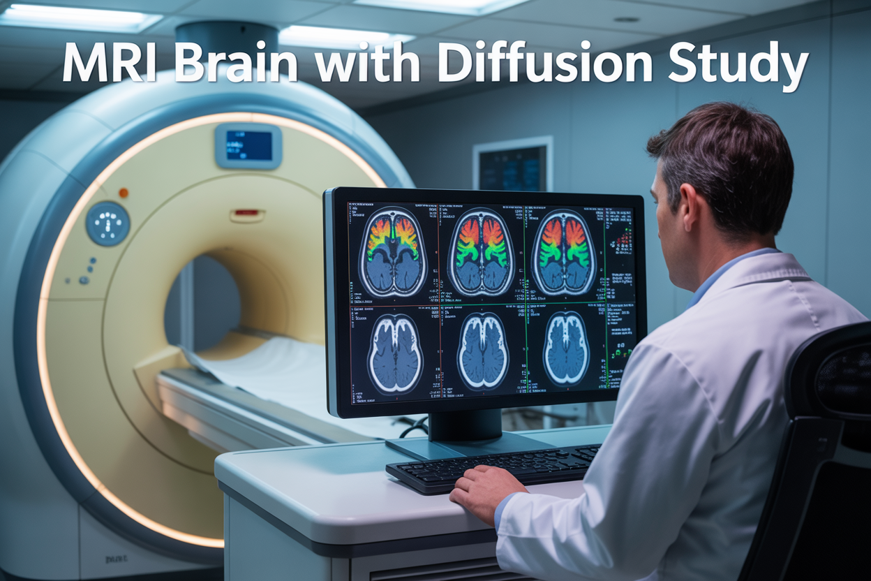 Create a realistic image of a modern MRI machine in a clean medical facility with a large monitor displaying colorful brain diffusion imaging scans showing neural pathways in blue, red, and green colors, with a white male radiologist in a white coat examining the results on the screen, soft clinical lighting illuminating the high-tech equipment, and the text "MRI Brain With Diffusion Study" prominently displayed at the top of the image in professional medical font.