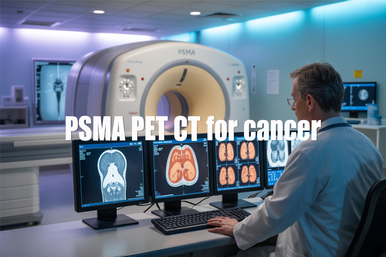 Create a realistic image of a modern medical facility showing a PSMA PET CT scanner machine in the center, with a white male radiologist in a white coat reviewing scan images on multiple computer monitors displaying colorful brain and body scans, clean hospital environment with soft blue and white lighting, medical equipment and diagnostic screens in the background, professional healthcare setting atmosphere, with the text "PSMA PET CT For Cancer" prominently displayed as an overlay on the image.