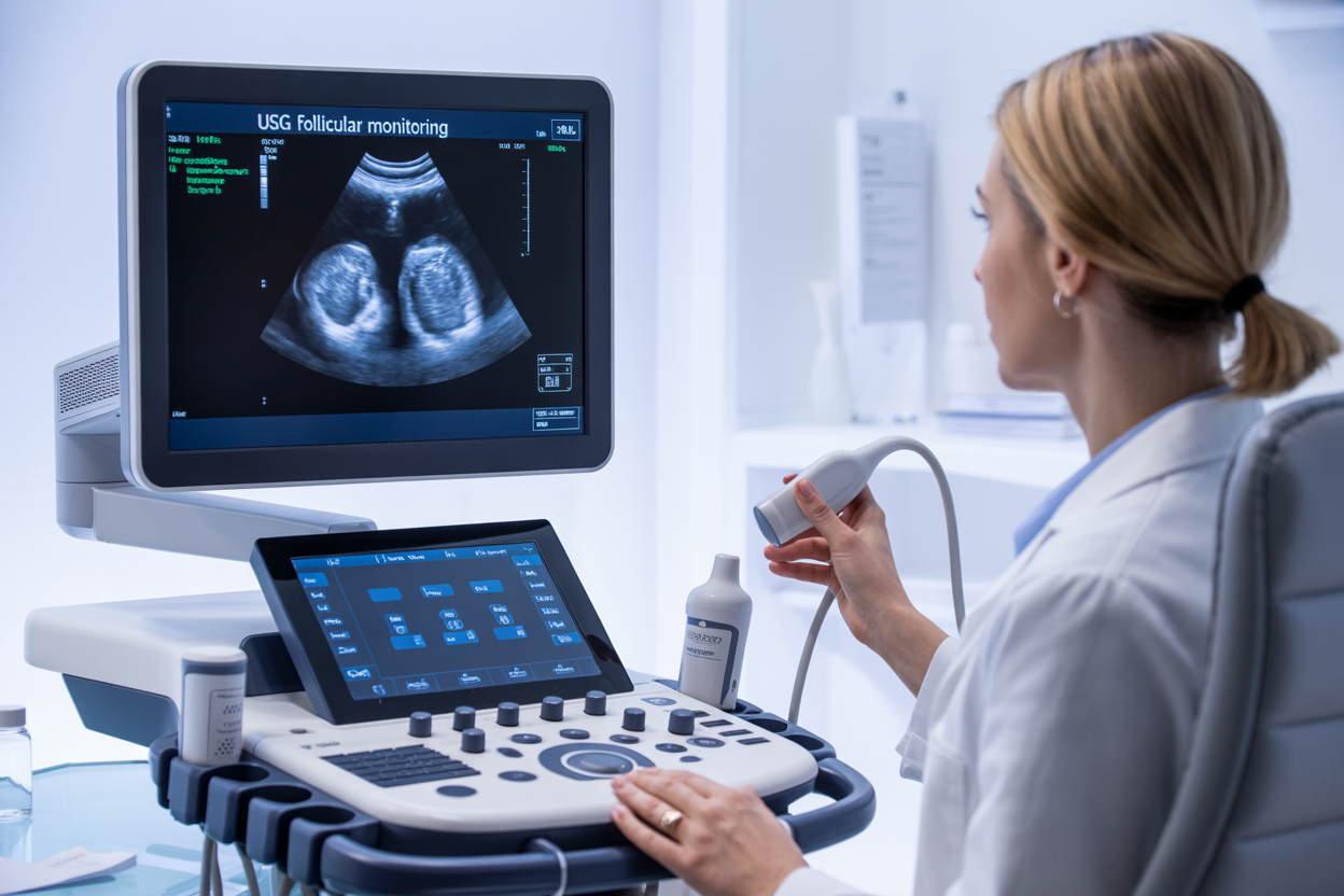 Create a realistic image of a modern medical ultrasound machine with its monitor displaying a clear follicular scan showing ovarian follicles, positioned in a clean white medical examination room with soft clinical lighting, alongside a female white doctor in a white coat holding an ultrasound transducer, with the text "USG FOLLICULAR MONITORING" prominently displayed on the ultrasound screen, creating a professional healthcare atmosphere with neutral blue and white tones.
