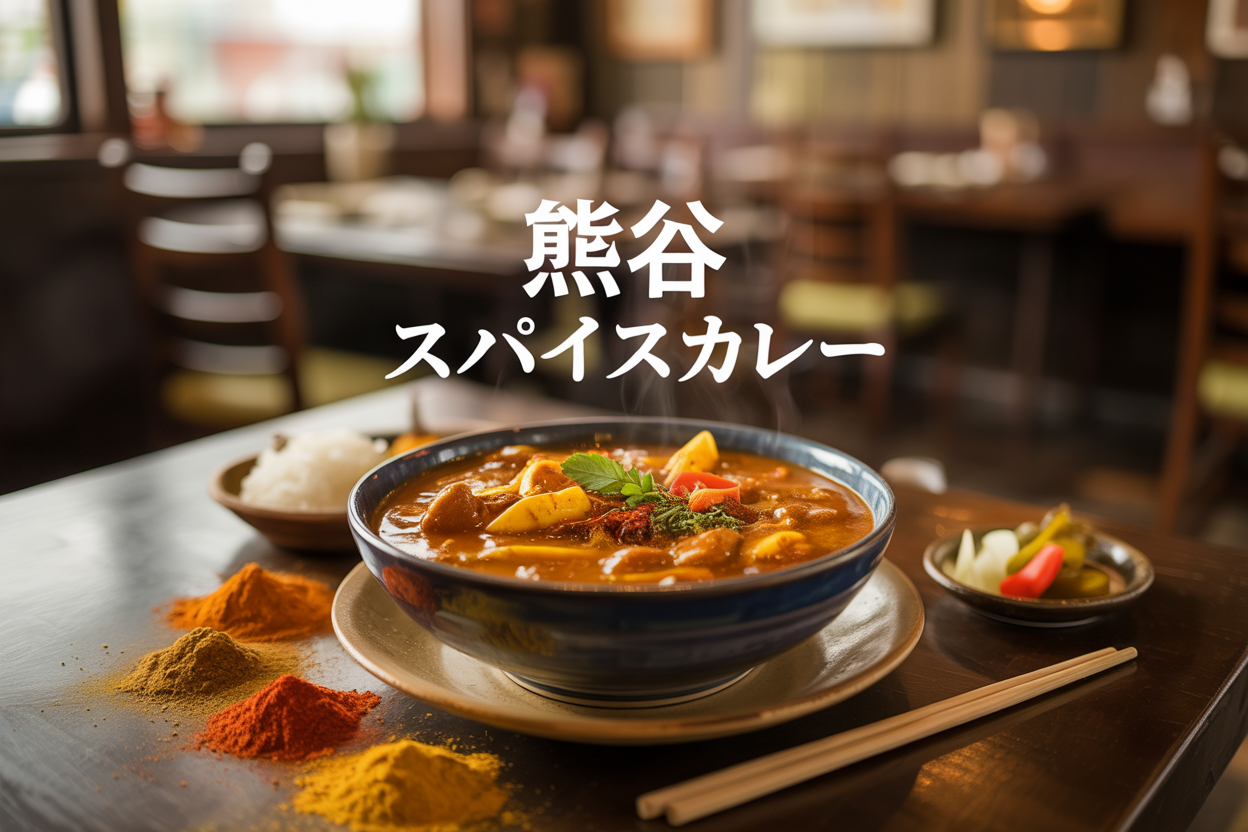 Create a realistic image of a steaming bowl of vibrant spice curry with colorful spices scattered around it, set on a wooden table in a traditional Japanese restaurant setting with warm lighting, featuring curry rice with visible spices like turmeric, cumin, and chili powder, alongside chopsticks and a small dish of pickled vegetables, with the text "熊谷 スパイスカレー" elegantly overlaid in Japanese characters, capturing the authentic atmosphere of Kumagaya's spice curry culture with rich golden and red curry colors against a softly blurred restaurant background.