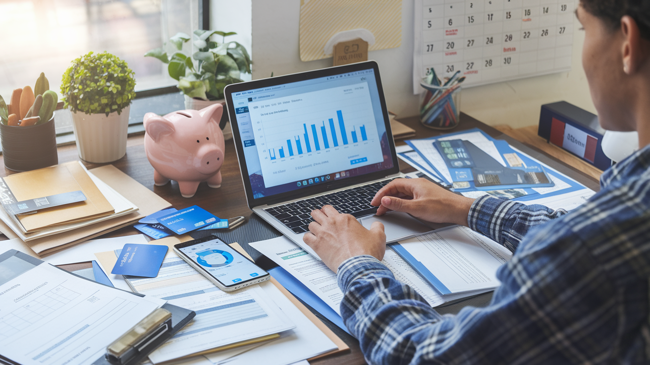 Create a realistic image of a young professional sitting at a desk with a laptop, surrounded by financial documents, credit cards, and a piggy bank. A smartphone displays a budgeting app, while a chart showing investment growth is visible on the laptop screen. A calendar on the wall highlights bill due dates. The scene is well-lit, conveying a sense of organization and financial planning. Text overlay reads "Beyond Bill Payments".