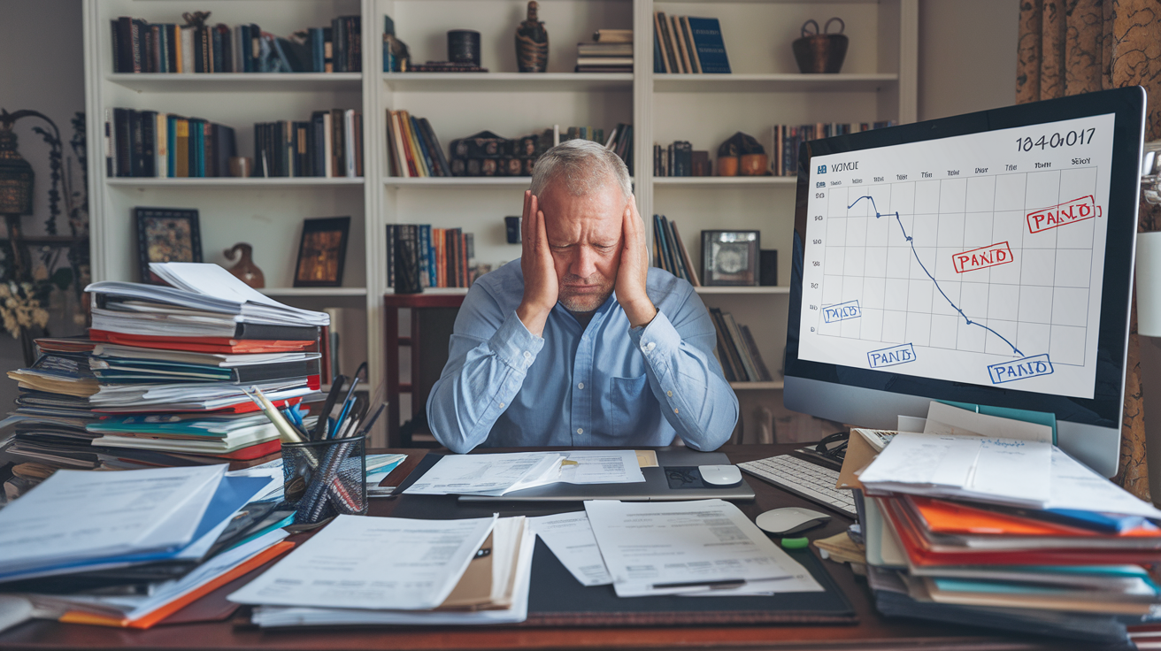 Create a realistic image of a stressed middle-aged white male sitting at a cluttered desk, surrounded by stacks of bills and invoices, with a calendar prominently displaying "PAID" stamps on various dates, but a worried expression on his face as he looks at a declining line graph on a computer screen showing financial health deteriorating despite timely payments.